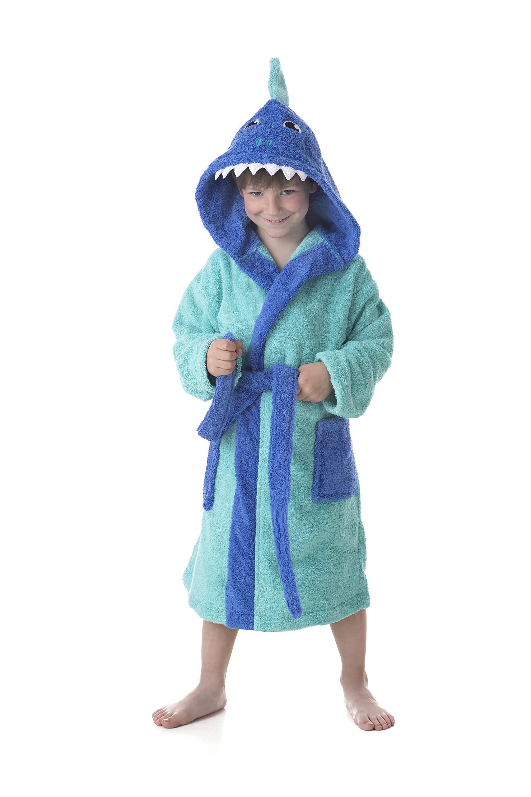 Albornoz Baño Niño Infantil 100% Algodón Bata con Bolsillos, Dibujos y Capucha Shark-Turq (2 a 4 años)