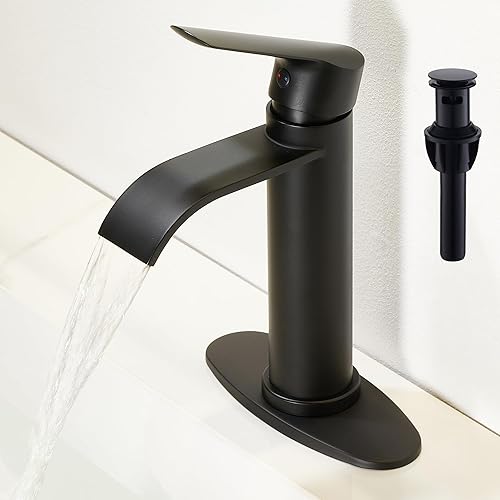 FROPO Grifo de baño negro  Grifo de lavabo de baño de cascada de un solo agujero, moderno grifo de tocador de una sola manija con drenaje emergente,