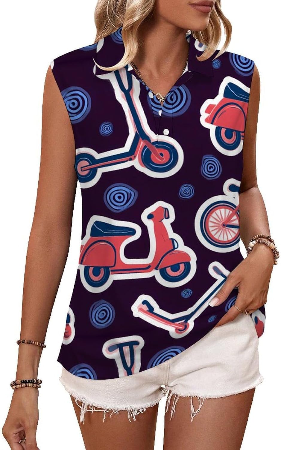 Electric Scooter Women Sleeveless Shirts Blouse X-Small | V-Neck Collar Button Down Beach Lightweight Polyester Top