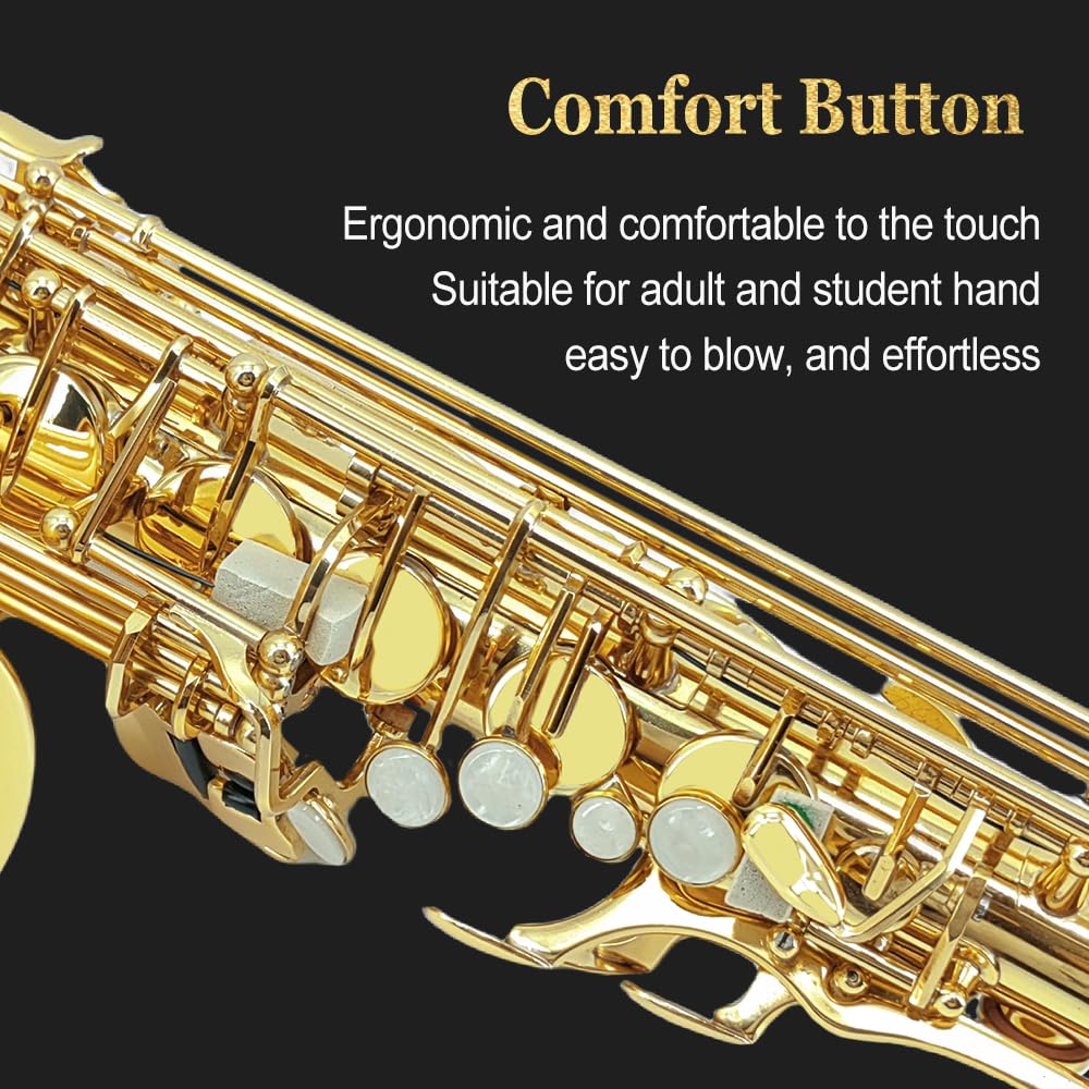 Saxofón alto E-plano, laca dorada con cuerpo de latón, incluye funda, boquilla, cañas, correa para el cuello y más, ideal para principiantes y principiantes (dorado)