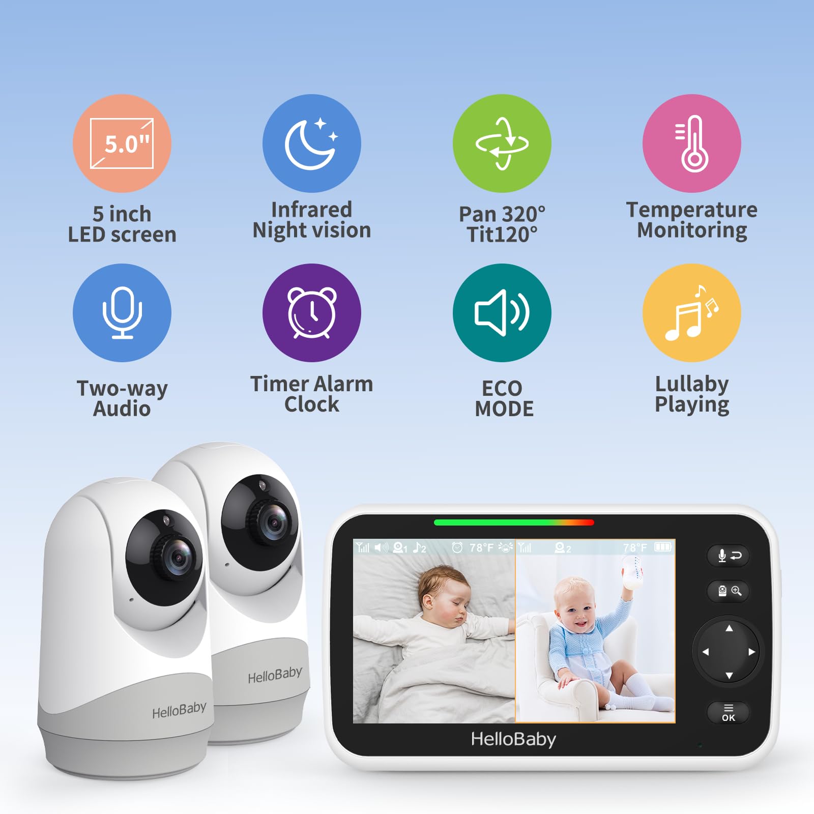 HelloBaby Monitor video baby monitor 5 pollici split-screen con doppia telecamera, telecamere, telecamere, visione notturna e monitoraggio della temperatura, modalità ECO, conversazione bidirezionale