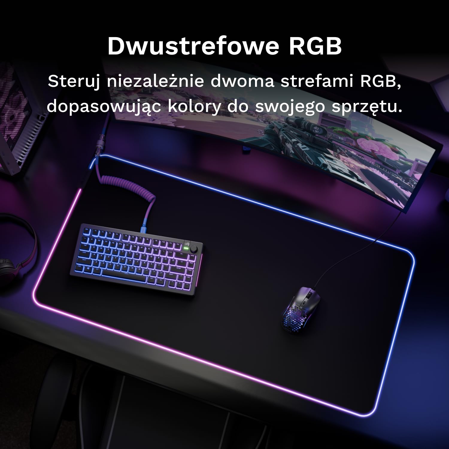 Glorious Gaming GMP 2 GLED Large Extended – podkładka pod mysz z dwustrefowym podświetleniem RGB, bezszwową krawędzią InfiniGlow, powierzchnią premium i gumowym spodem 915mm x 280mm x 3mm