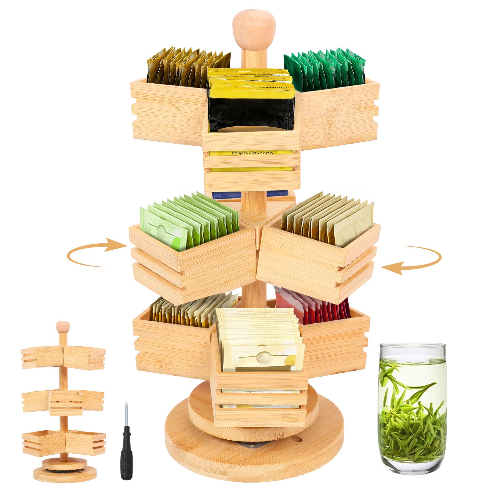 GWCYMYD 3 Tier Rotating Tea Bag Organiser, 360 Degree Bamboo Revolving Holder, 9 Compartment Countertop Storage Box for Kitchen Home Office Coffee Station(Log Colour)