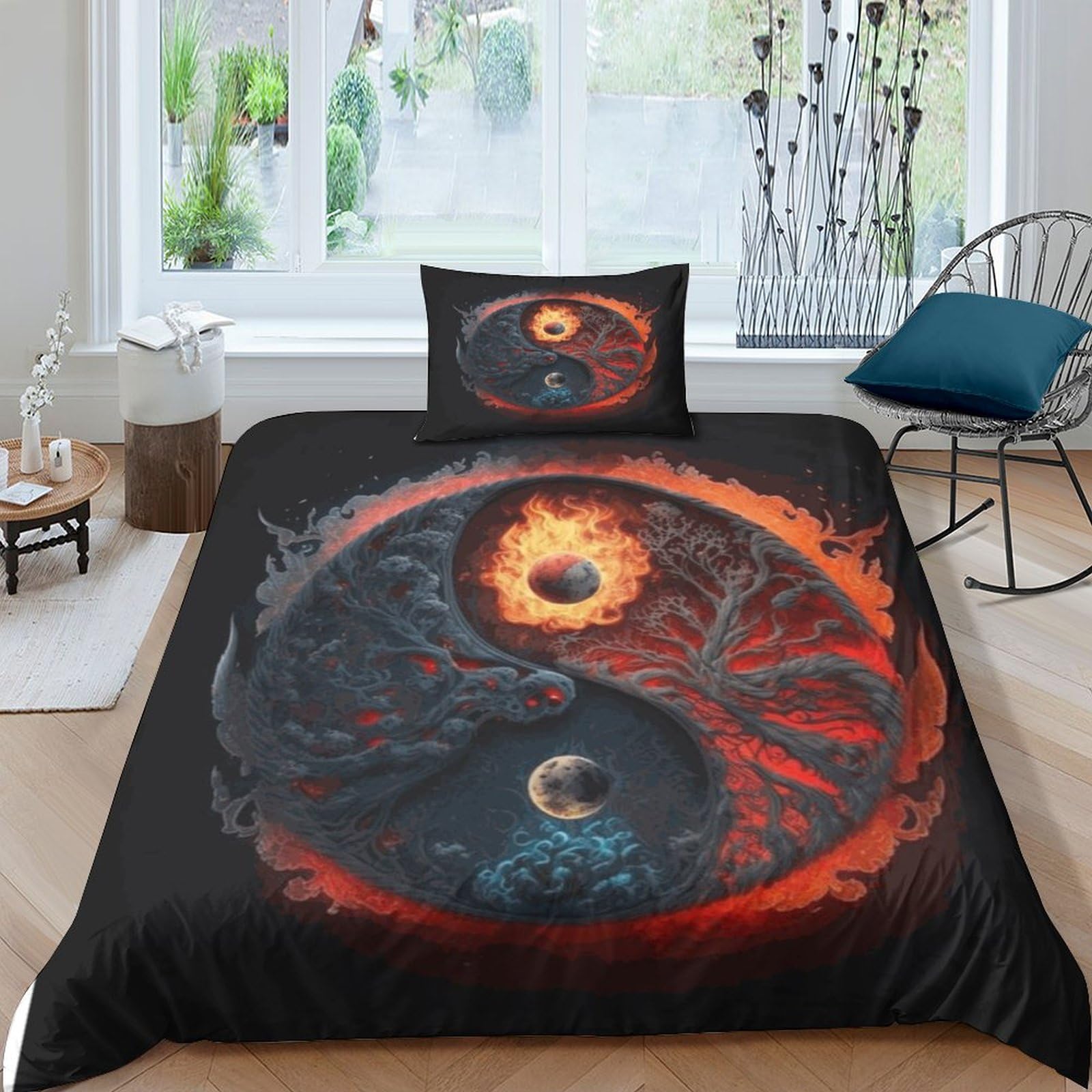 Housse de couette lit simple 135x200 cm avec motif Feng Shui 3D en microfibre