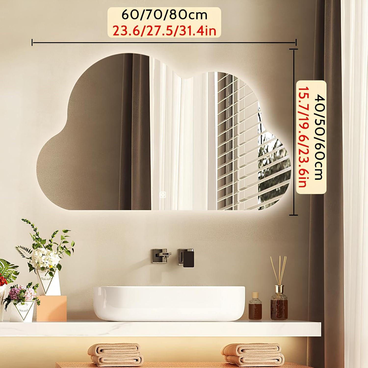 Vanity Mirror with Light for Bedroom, Cloud Shape LED Wall-Mounted Mirror, Frameless Light Up Backlit Mirrors with 3 Colors Dimmable Strip Light, Touch Button Control(15.7 * 23.6in)