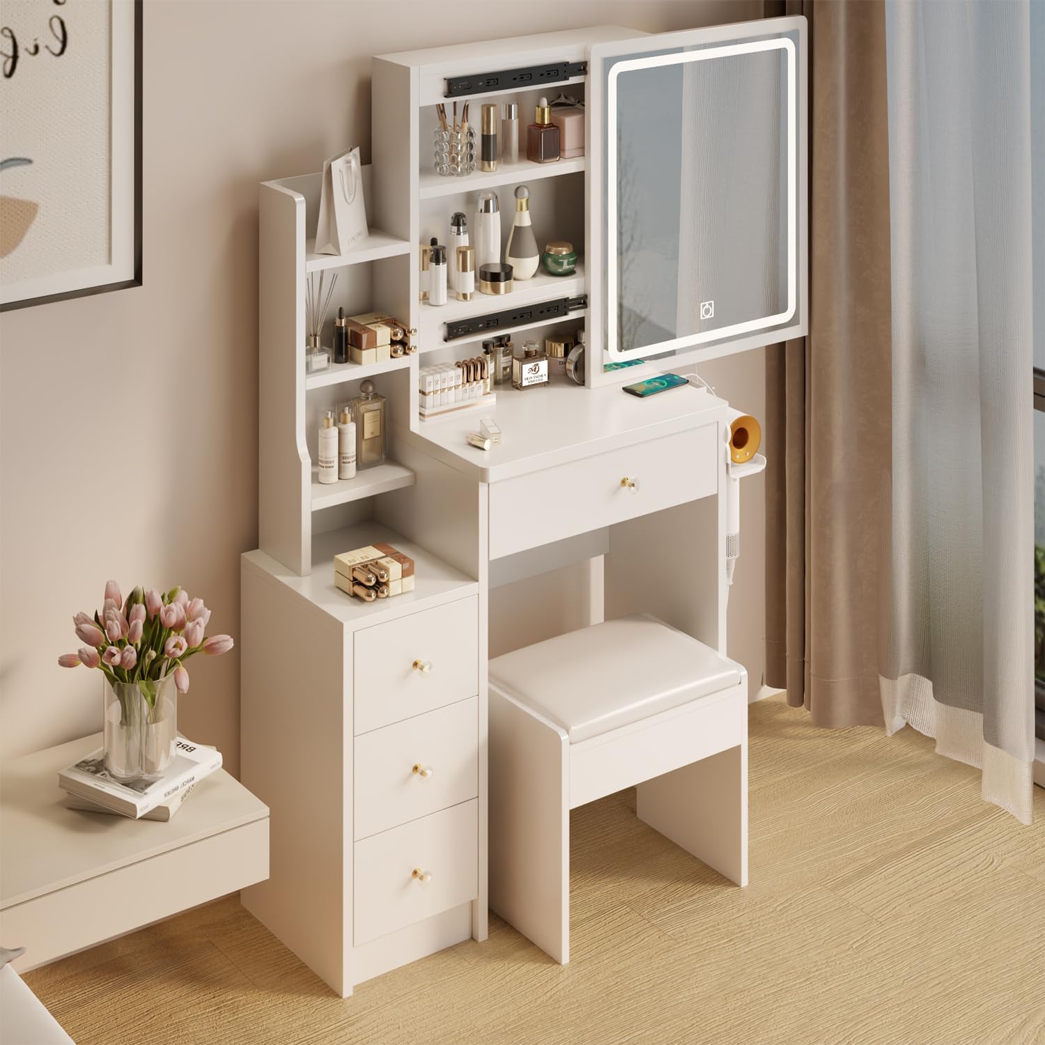 29.2" W Small Vanity Desk with Mirror and Lights, White Makeup Vanity Set with Power Station, Hair Dryer Bracket, Dressing Table with 4 Drawers and 5 Shelves for Bedroom