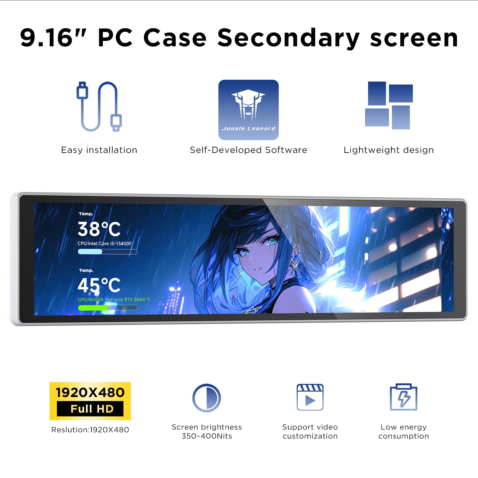 TZMRIT 9.16 Inch Universal LCD Screen Display for PC, Customizable ARGB Frame, Temperature Display Panel, Mini Monitor, with Preset & DIY Themes for Gaming PC Case/CPU Cooler (WH) — view 2