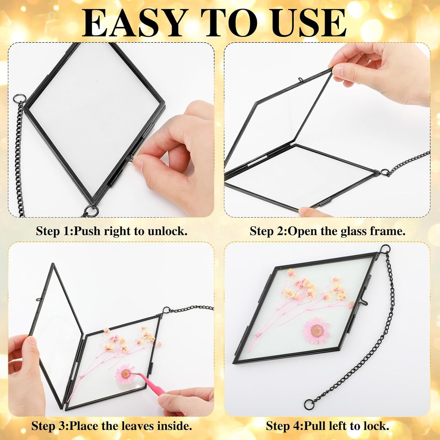 Qunclay 4 Pcs Pressed Flower Frames Rhombus Wall Hanging Floating Double Glass Picture Photo Frames with Metal Chain for Pressed Dried Flowers Plants Photo Small Flat Items Home Decor(Black,4 Inch)