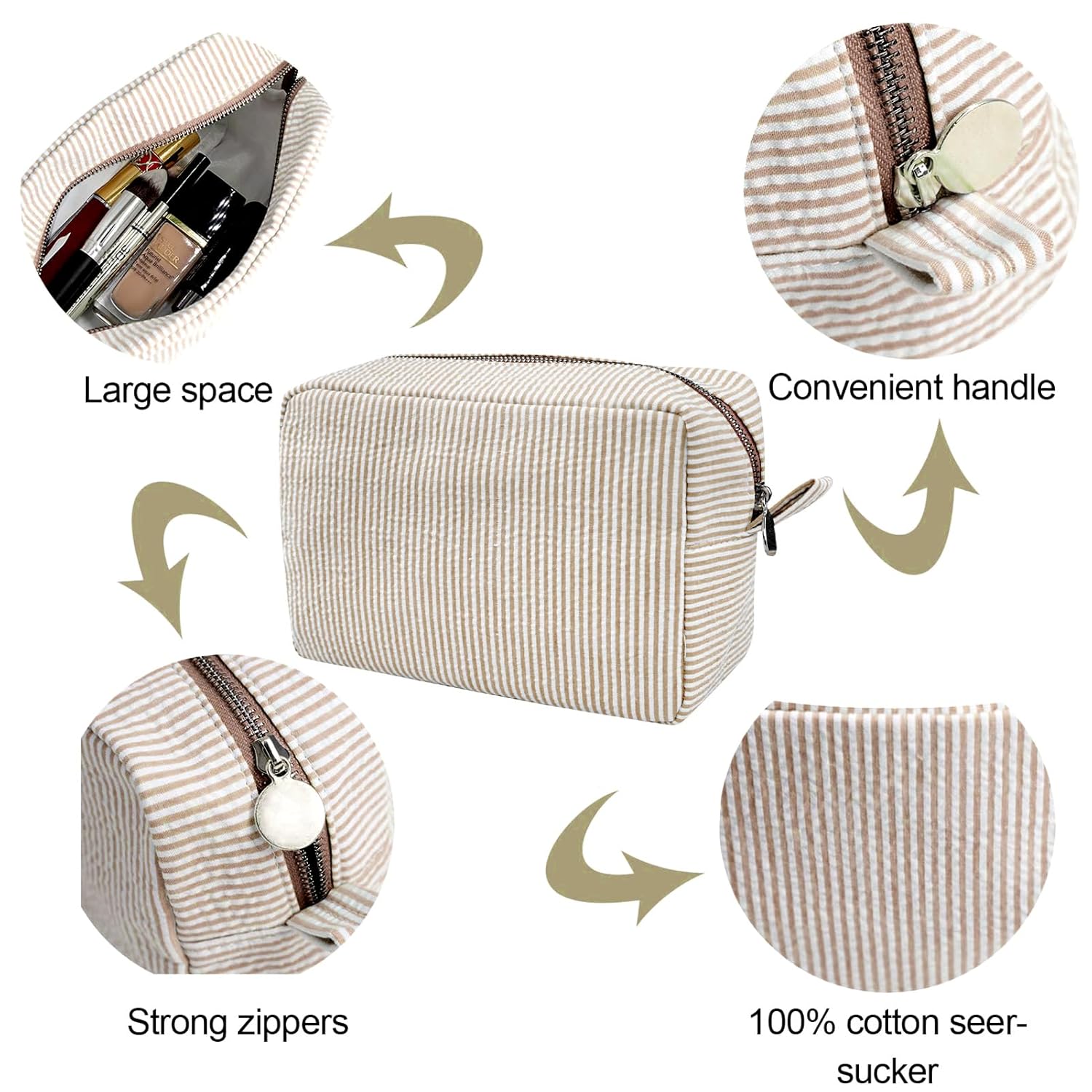 GFU Cosmetic Bags for Women, Seersucker Cosmetic Bag, Travel Toiletry Stripe Makeup Bag, Large Women Aesthetic Organizer Storage Pouch, Girls Handbags Purses, brown/white