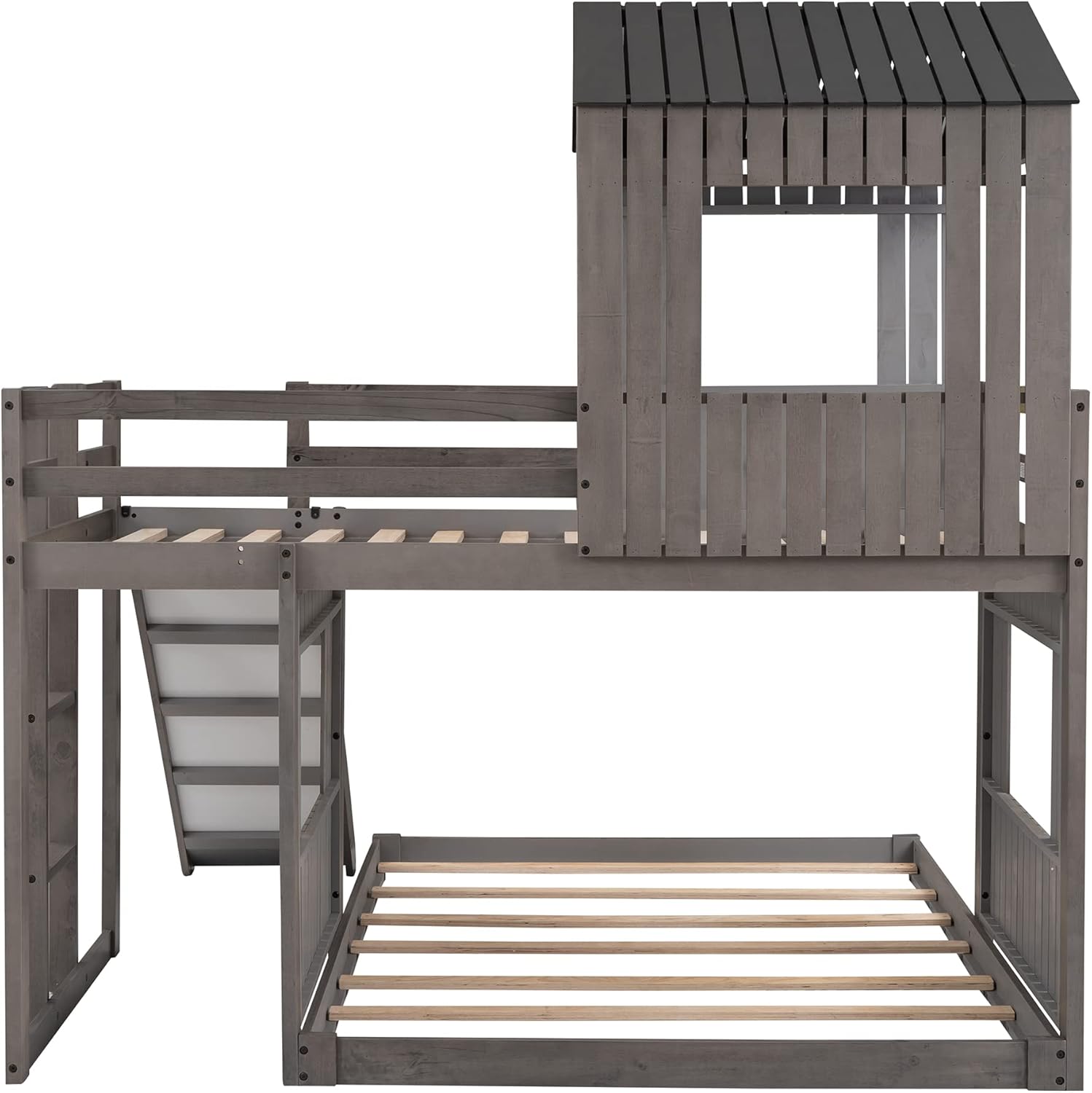 Harper & Bright Designs Twin Over Full House Bunk Bed with Slide, Wood House Shaped Fun Cottage Beds with Windows & Roof for Kids Teens Girls Boys, Antique Gray