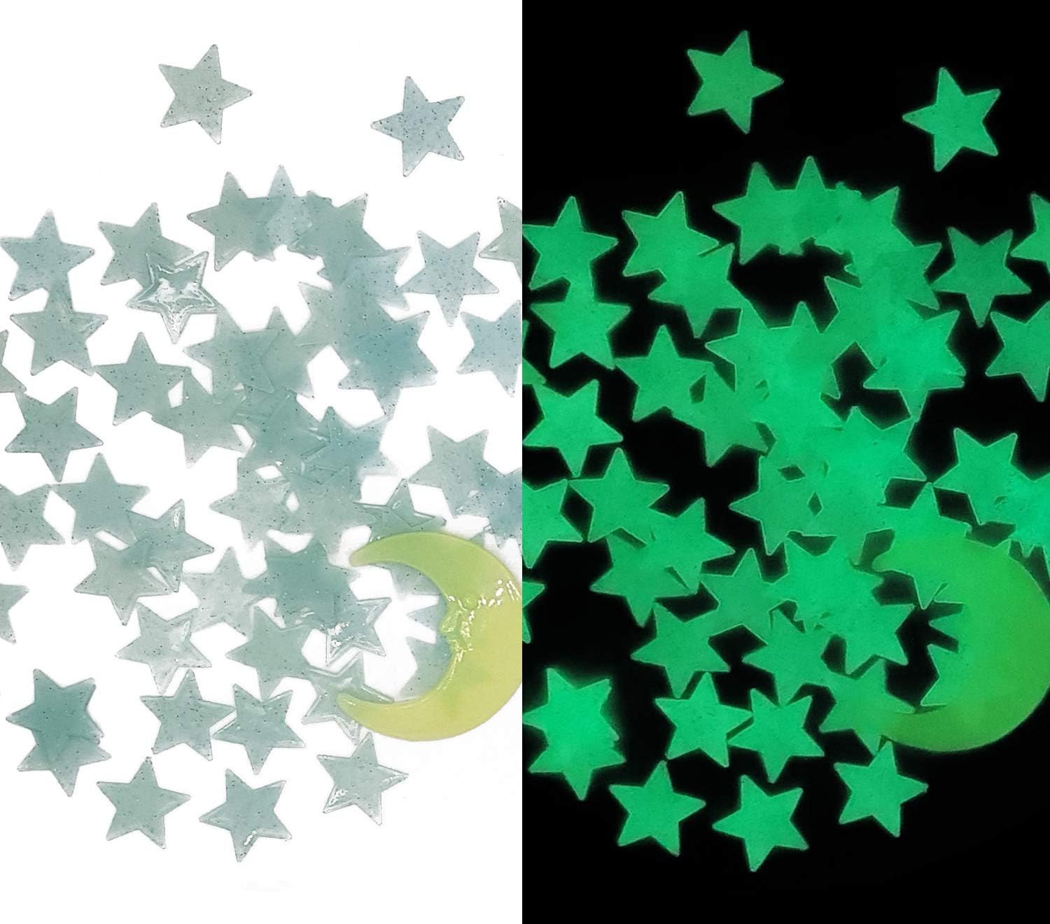 Stickonn Plastic Romance Fluorescent Glow in The Dark Star Wall Sticker (3.8x3.8 cm, Multicolour) -60 Stars and 1 Moon