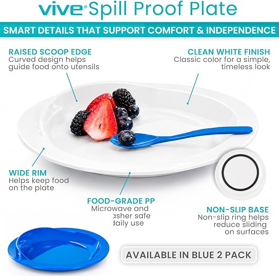 Vive Spill-Proof Scoop Plate, 9 (2 Pack) - Dish with Wall for Disabled