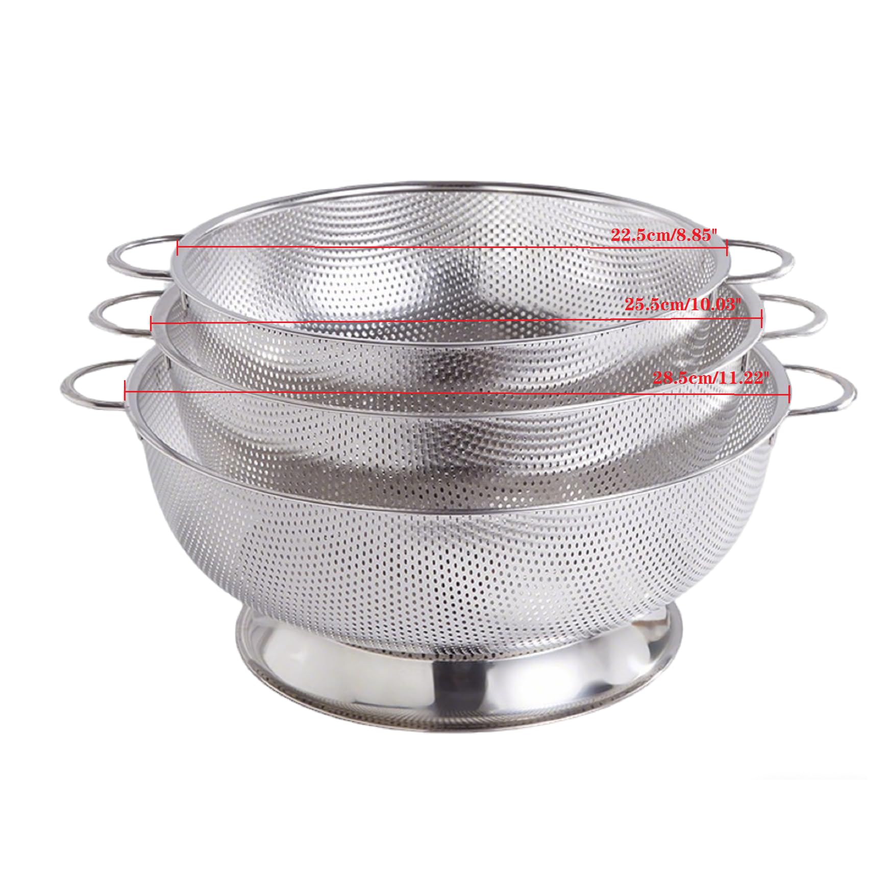 Set de 3 coladores de Acero Inoxidable, coladores de Acero Inoxidable, Set de coladores para Cocina, colador Profundo con Asas y Base para reposar, para Colar, enjuagar o cocer al Vapor