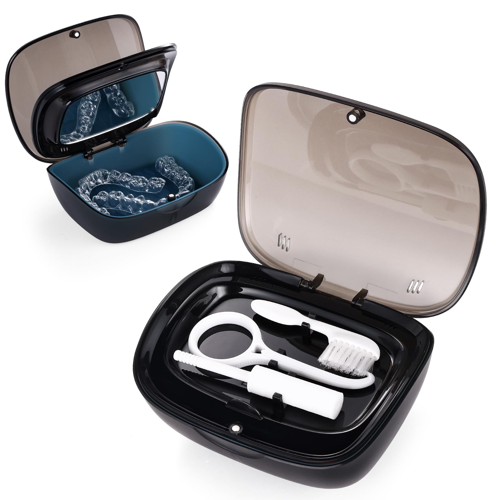 Double Layer Aligner Case Retainer Case With Mirror, Retainer Holder With Remover Tool And Cleaning Brush With Vent Holes Compatible With Aligner Case