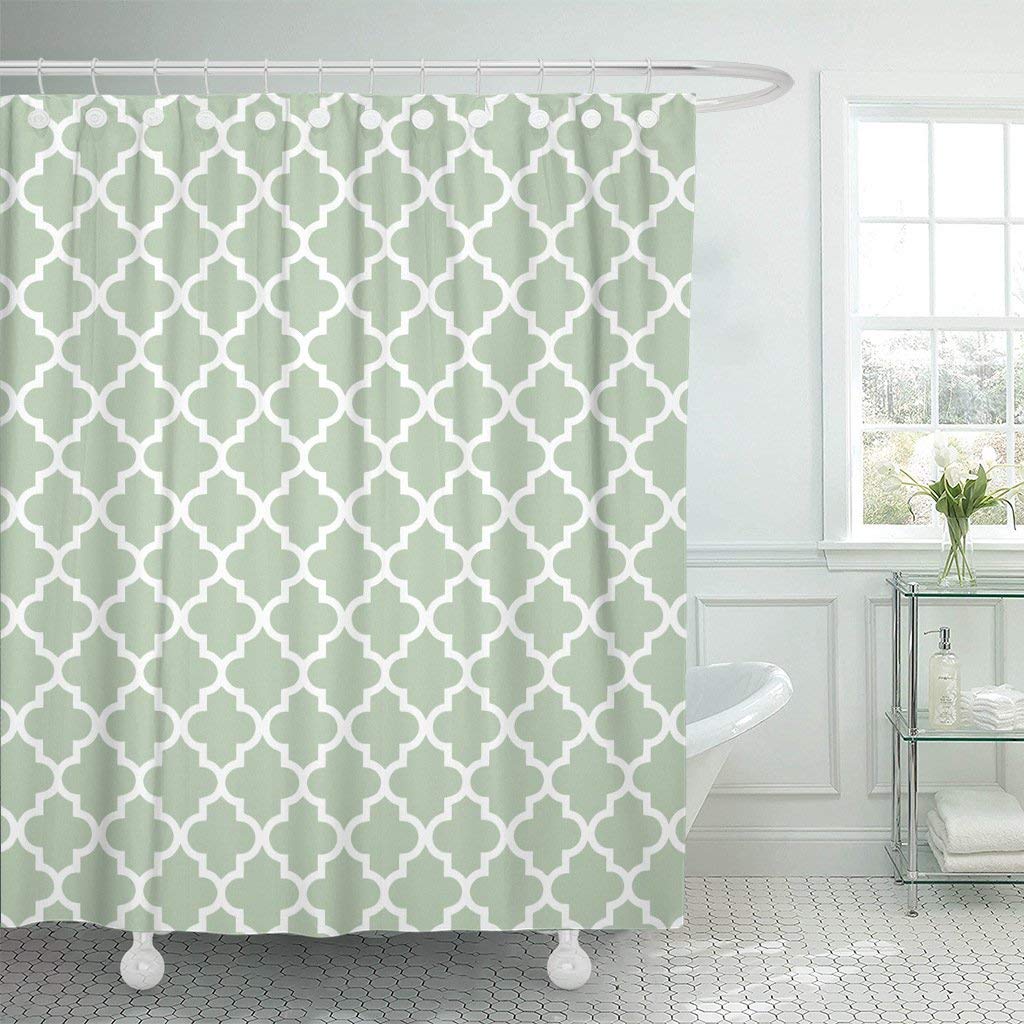 GOOESINGShower Curtain Moroccan Quatrefoil Pattern Sage Green Decorative Bath Curtain Polyester Fabric Bath Curain with Hooks 72x72 Inch