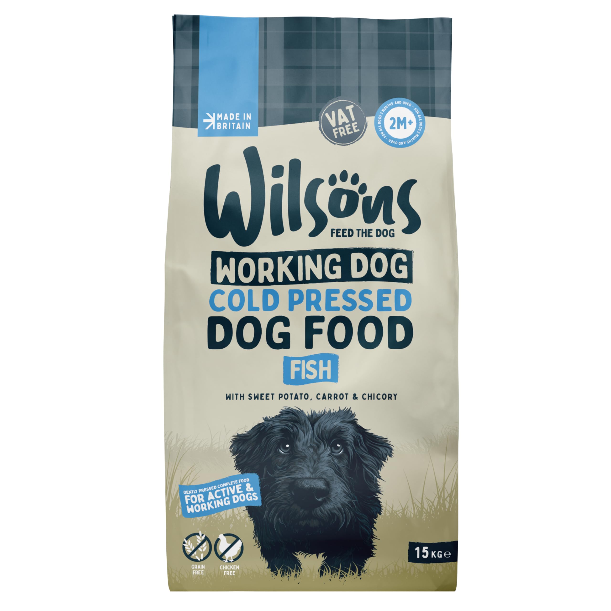 WILSONSCold Pressed Dog Food - Complete Dry Meal with Natural, Hypoallergenic, Grain Free Ingredients, Best Introduced Gradually, Suitable for Adult Dogs and Puppies 2 Months + (Fish) (15kg)