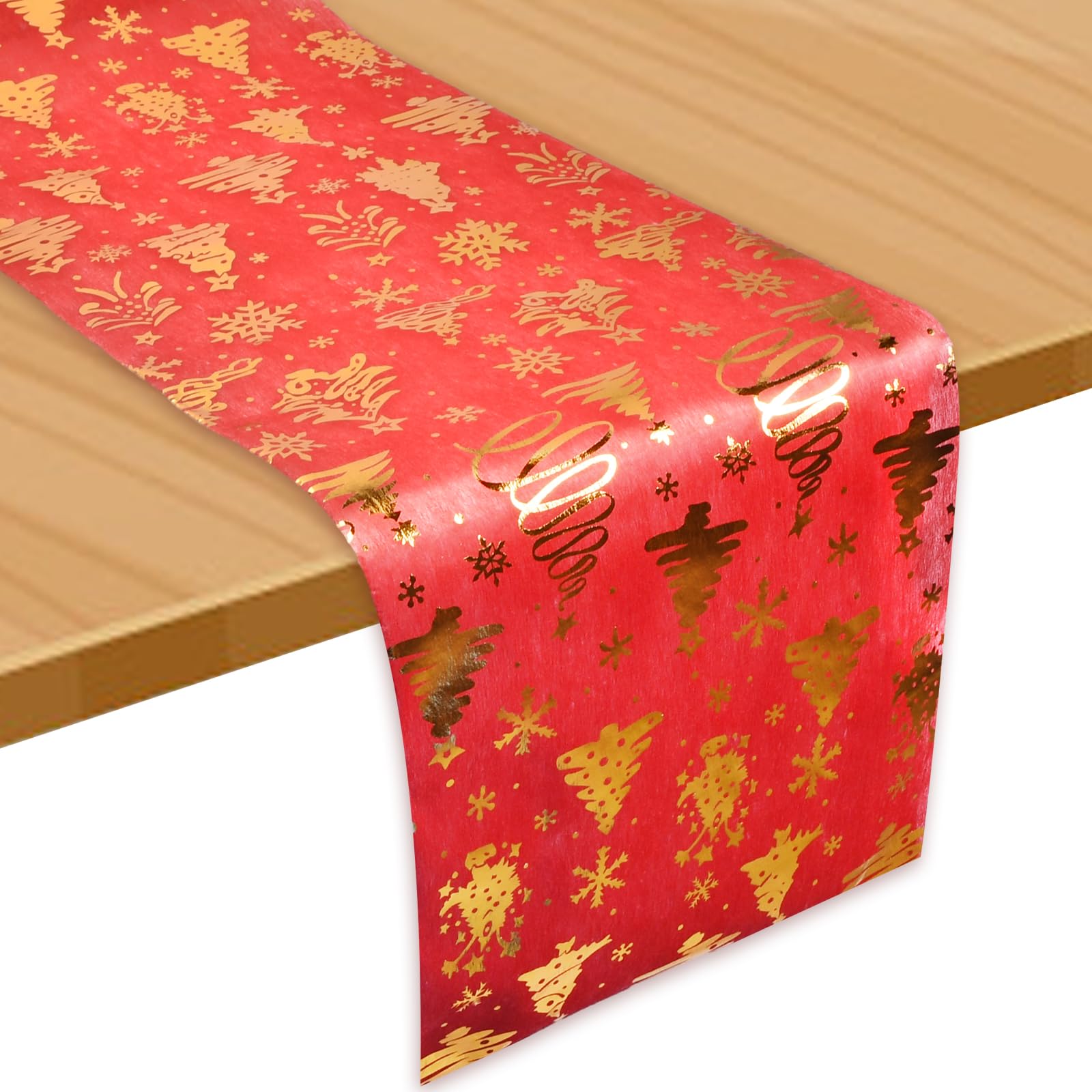 Jinlaili 28cm × 5m Camino de Mesa de Navidad Rojo,Camino de Mesa navideño Estampado en Caliente,Camino Mesa Navideño Rectangular,Camino de Mesa Lavable,para Cena, Fiesta, Boda