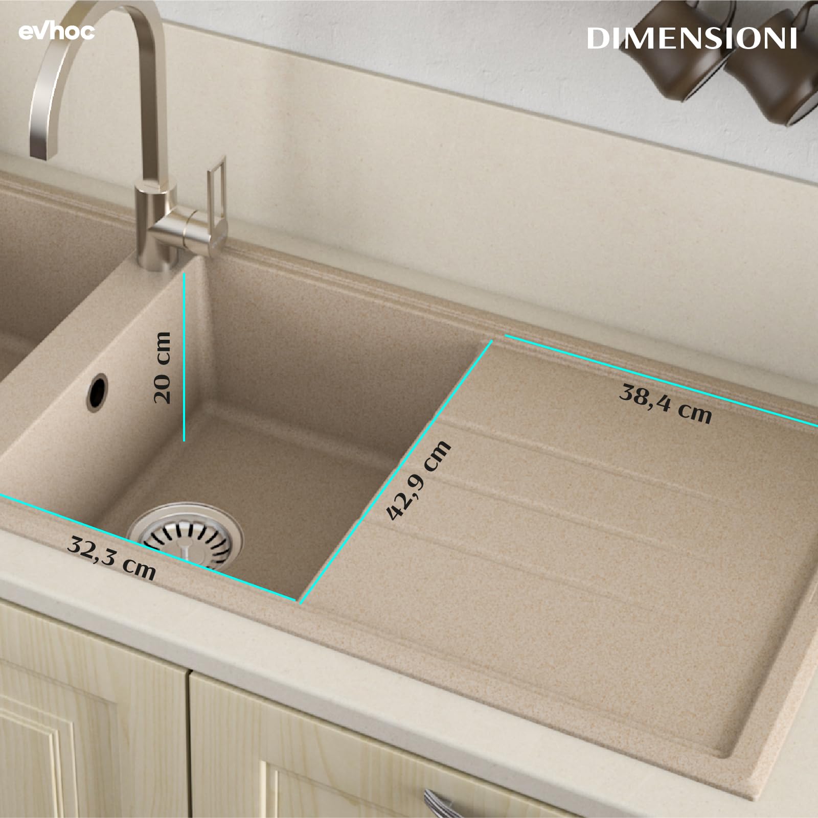 EVHOC Lavello Sopratop 116x50 cm, 2 Vasche con Gocciolatoio, Lavandino Reversibile per Cucina, Piletta Inclusa, Made in Italy, Avena, ADHOC L