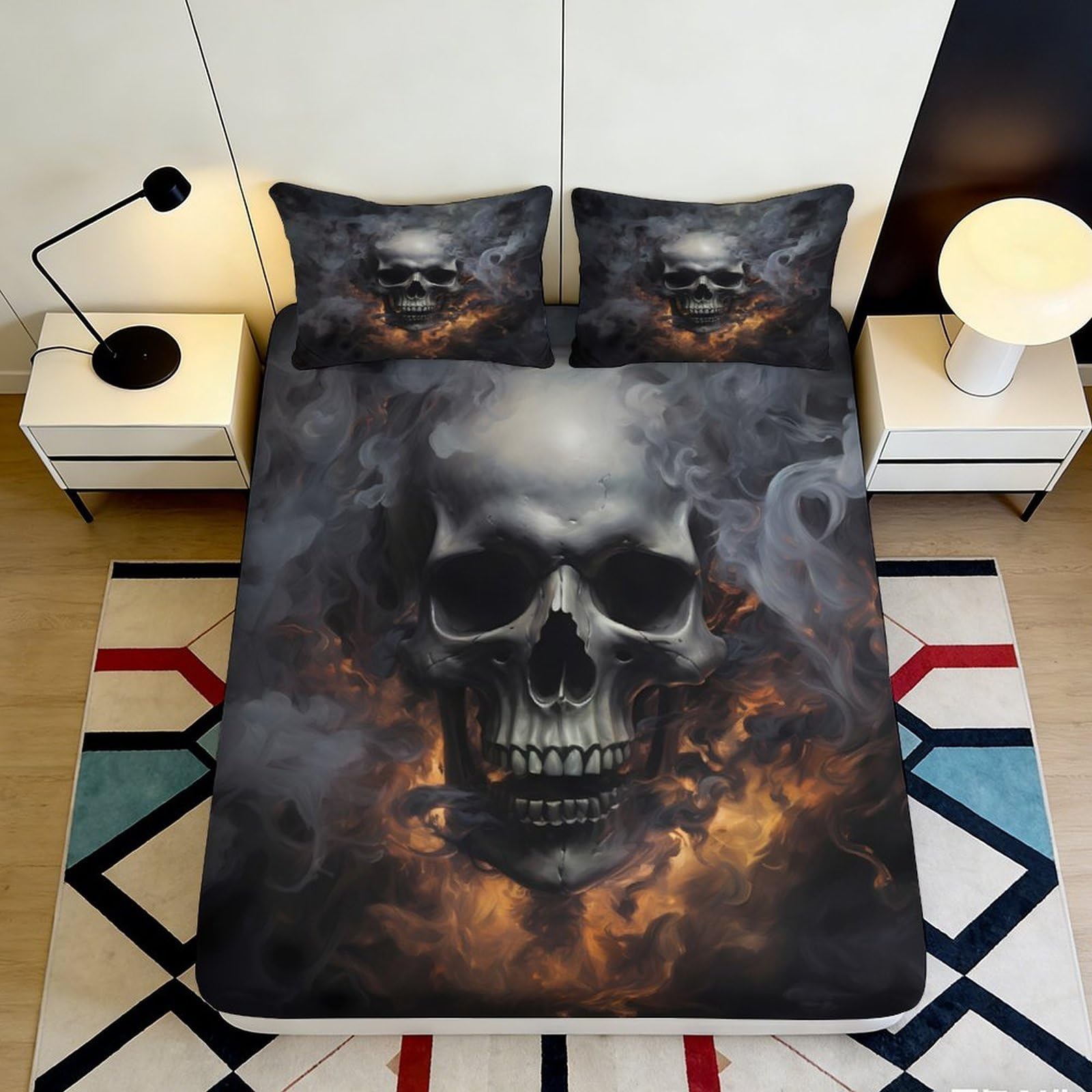 3D Printed Skull Smoke Fitted Sheet Microfiber Durable Breathable 3D Printed Flames Bed Cover for Bedroom Dormitory Guest Room Mattress Protection 120x200x25cm