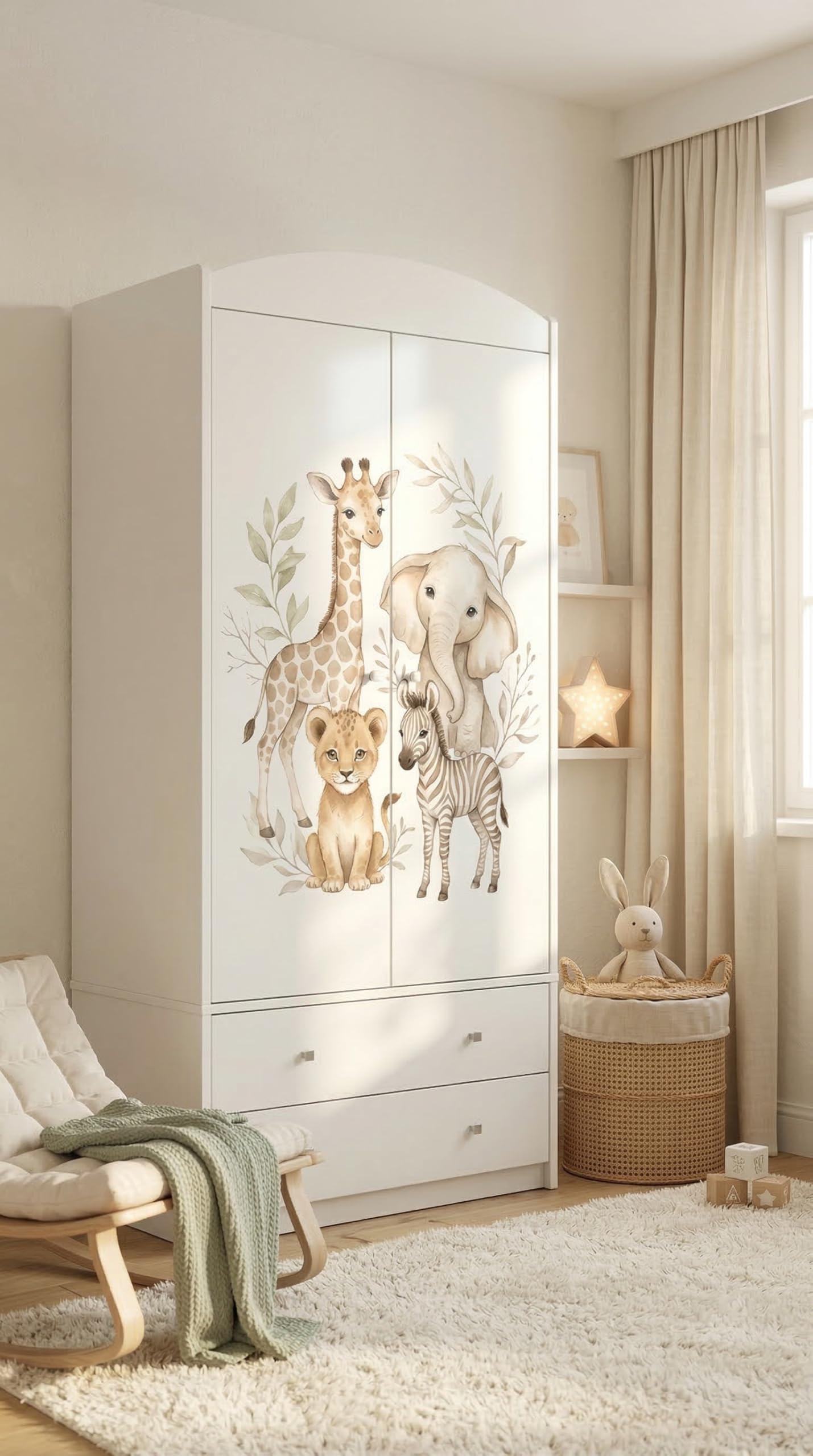 Happy Babies Armadio per bambini con motivo incantevole, 2 ante per cameretta dei bambini, con 2 cassetti, asta appendiabiti e ripiani, bianco (88 x 187 x 54 cm) (nr 170)