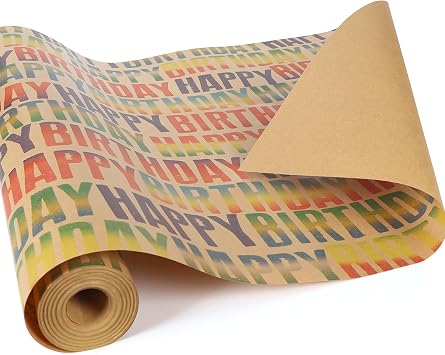 HBell Birthday Wrapping Paper Roll,15m Colourful Happy Birthday Wrapping Paper,Recyclable Kraft Gift Wrapping Paper for Boy Gilrs Men Women BirthdayDecorations