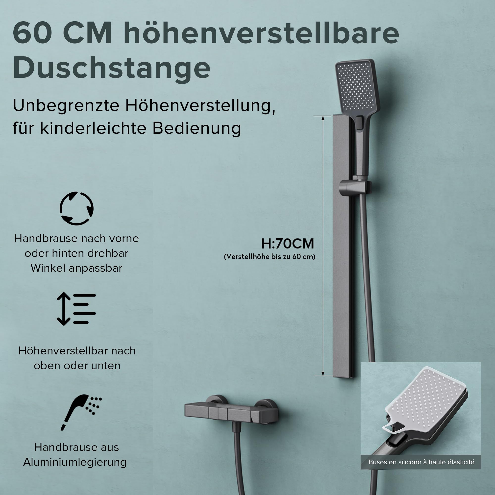doporro Duschsystem mit Regendusche, Duscharmatur Komplettset Grau | Duschgarnitur mit Regendusche aus Aluminium, Dusche komplett 3 Strahlarten, höhenverstellbar Duschbrause Thermostat Arvexa-02