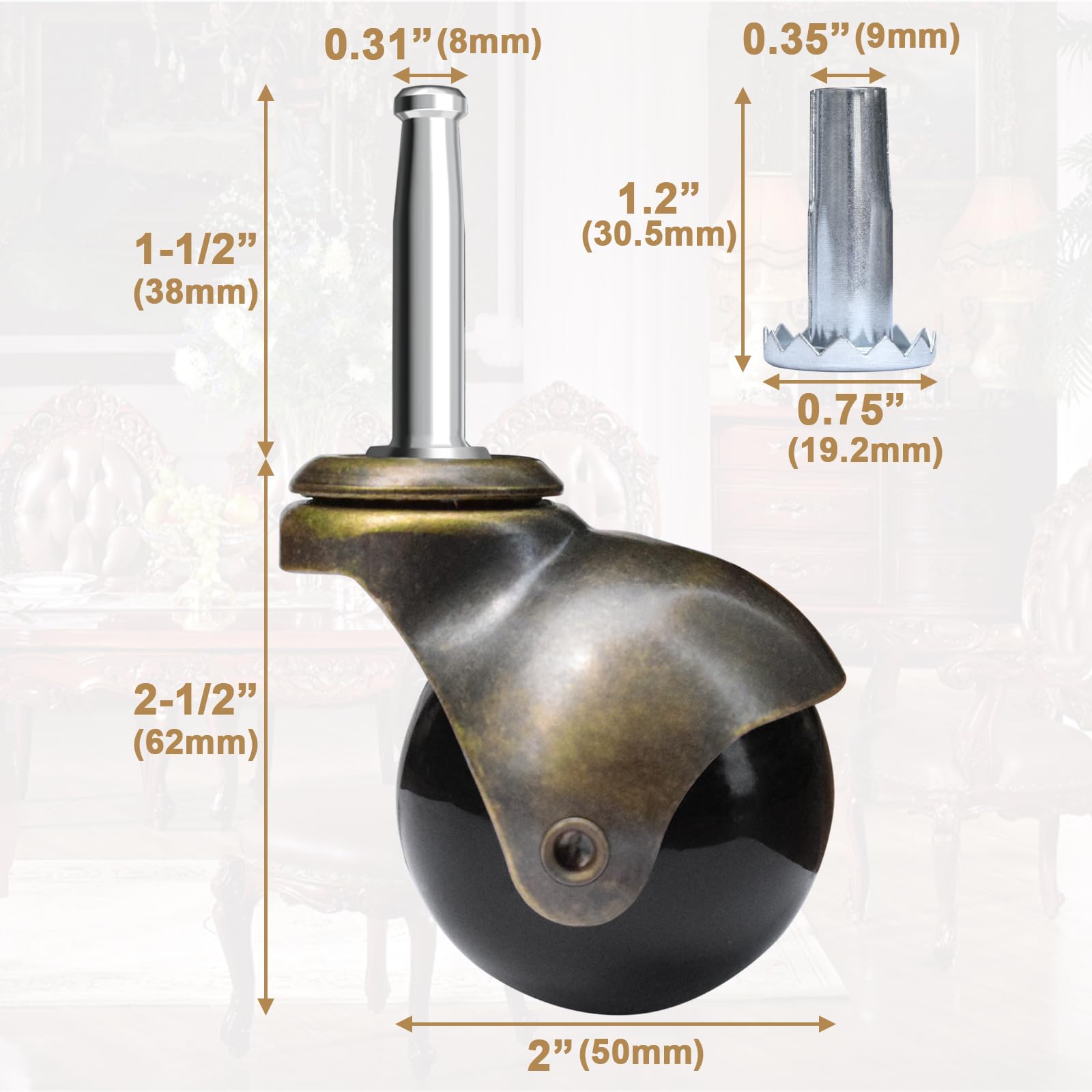 Zestaw 4 kółek kulkowych 2" 5/16" x 1-1/2" Vintage Stem Caster