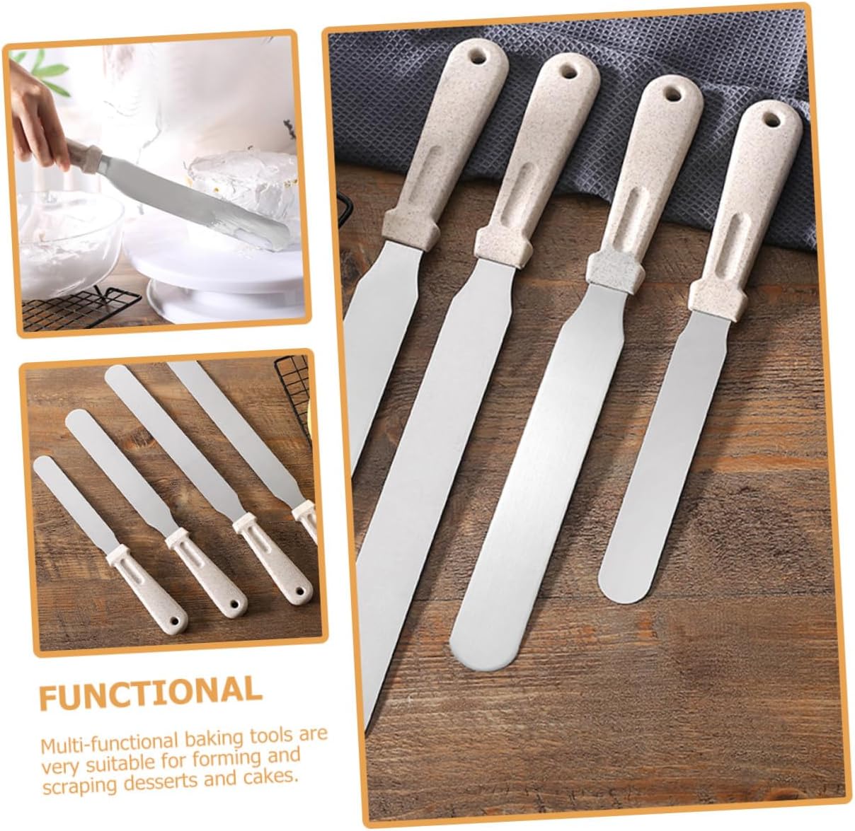 CHILDWEET 3pcs Baking Spatula Set Wheat Straw Handle Cake Scrapers Butter Scrapers for Kitchen Cake Decorating and Cream Frosting, 8/10/12 Inch Reusable Baking Tools for Home Use