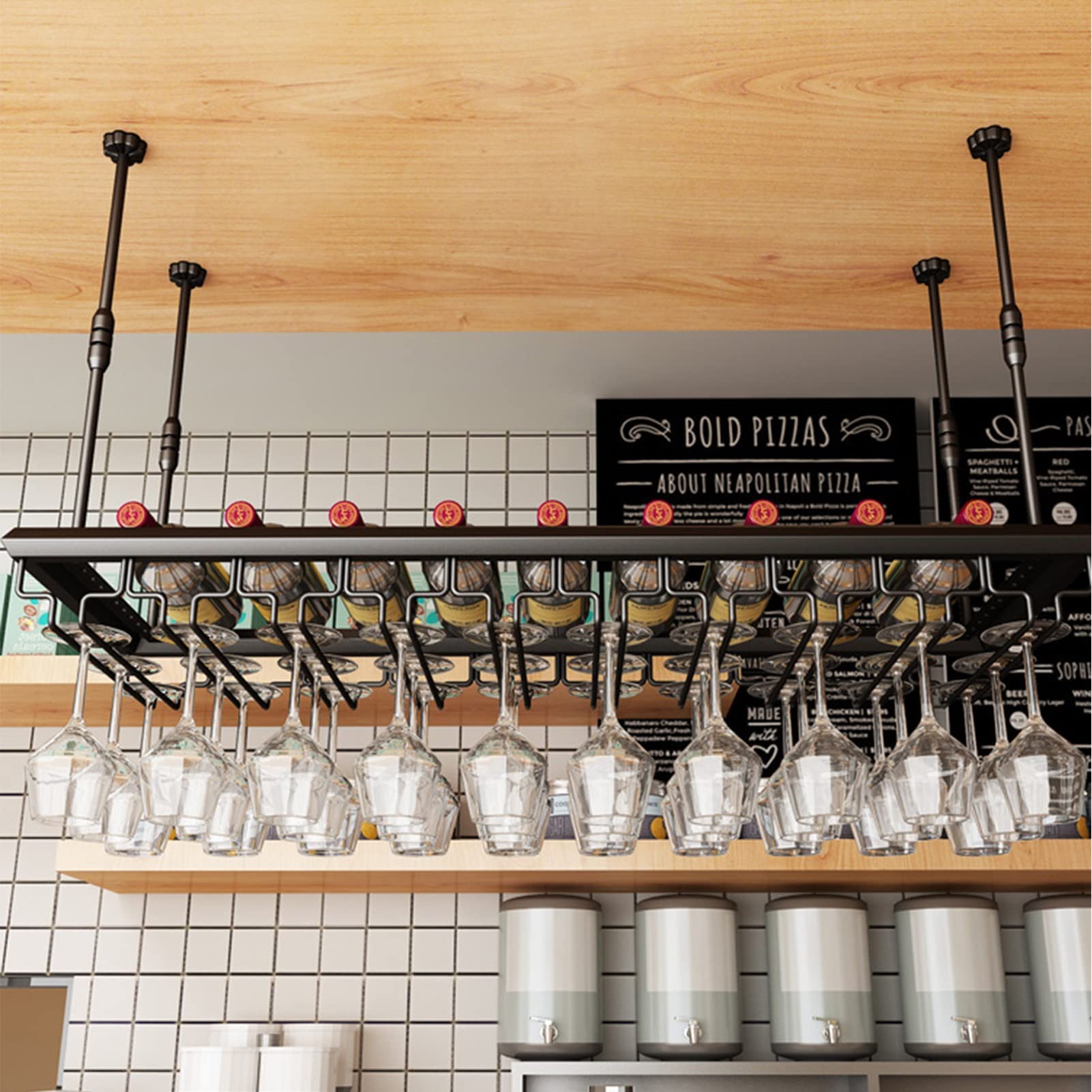 Étagères flottantes pour bar et support à verres à vin suspendu en métal noir de 80x30 cm