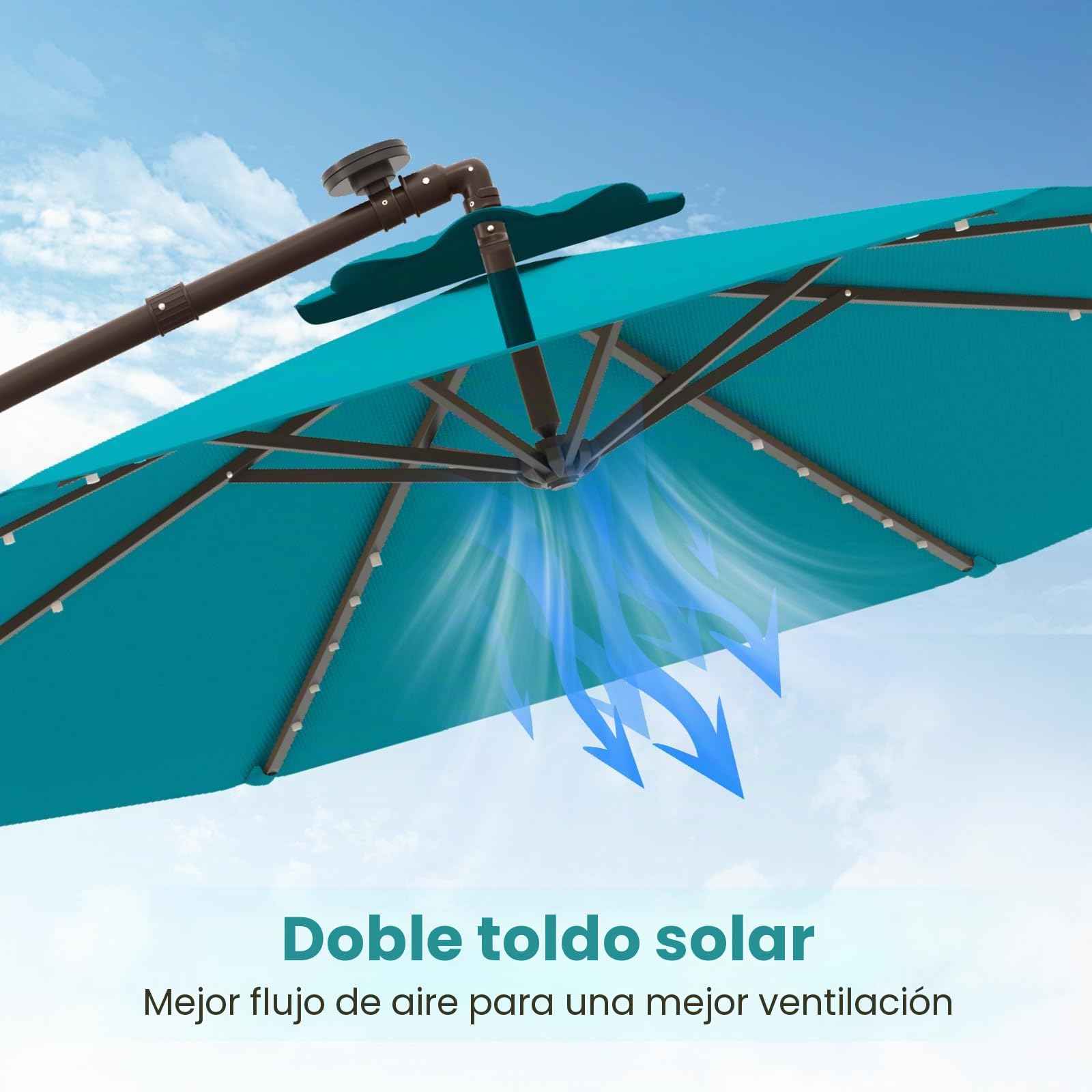 RELAX4LIFE Sombrilla Terraza 3x3m con 40 Luces LED Solar, Sombrilla Inclinable con Base en Cruz, Manivela Manual y 2 Sacos de Arena, Protección Solar, Parasol para Jardín, Terraza y Patio