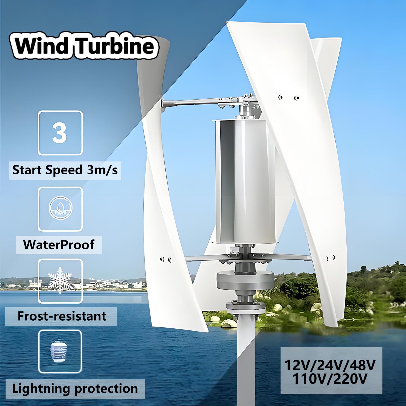 5000W Aerogenerador Domestico Vertical 3 Palas, Kit de Turbina Eólica en Espiral, Turbina Eólica Trifásica con Controlador, para Equipos de Energía Industrial White-220V