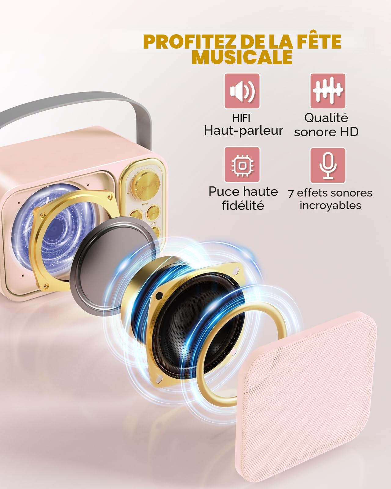 Machine de Karaoké avec 2 Micro sans Fil, Haut-Parleur Bluetooth Portable, Dispose 7 Effets Sonores, pour Fête et Voyage