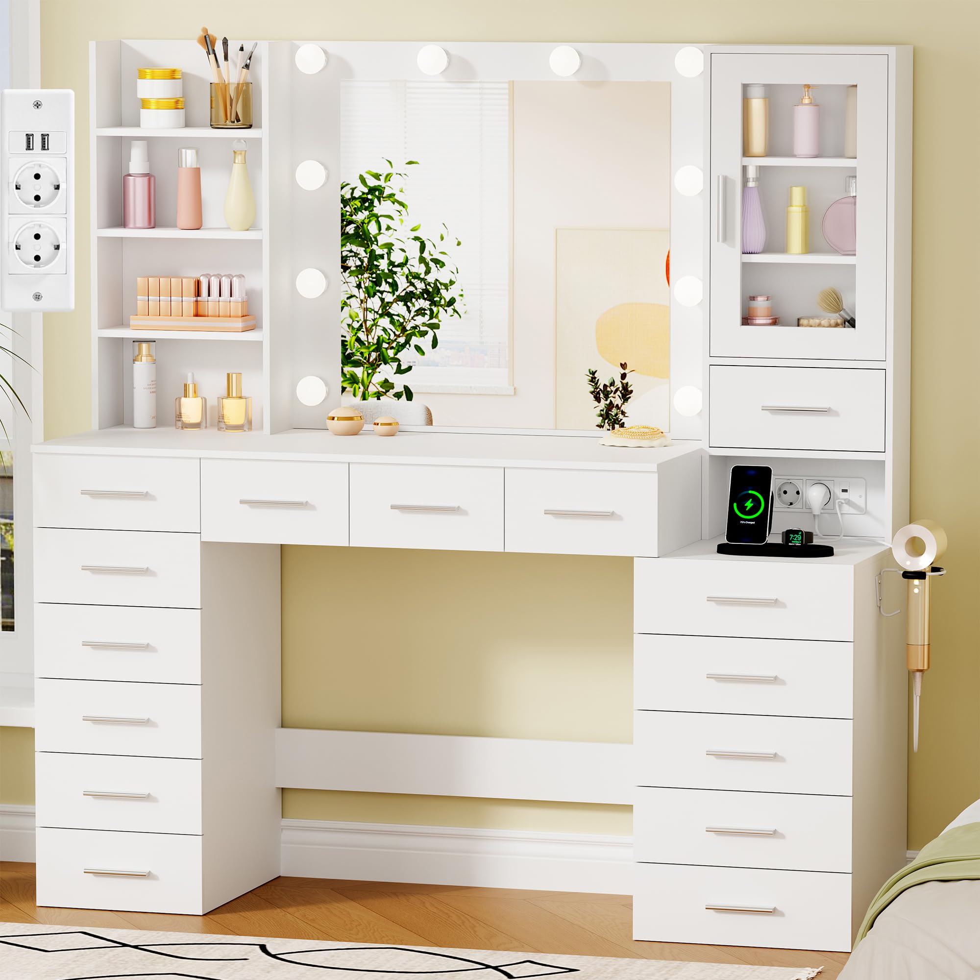 ANWBROAD Grande Tocador con luz LED, Brillo Regulable,Tocador de Maquillaje con Espejo y Enchufes, Mesa de Maquillaje con 15 cajones y 7 Estantes Abiertos para Dormitorio,Blanco Moderno BDT37W