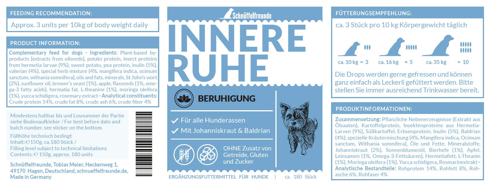 Innere Ruhe I Nahrungsergänzungsmittel für Hunde zur Beruhigung, Anti Stress und für mehr Gelassenheit (150g - ca. 180 Stück)