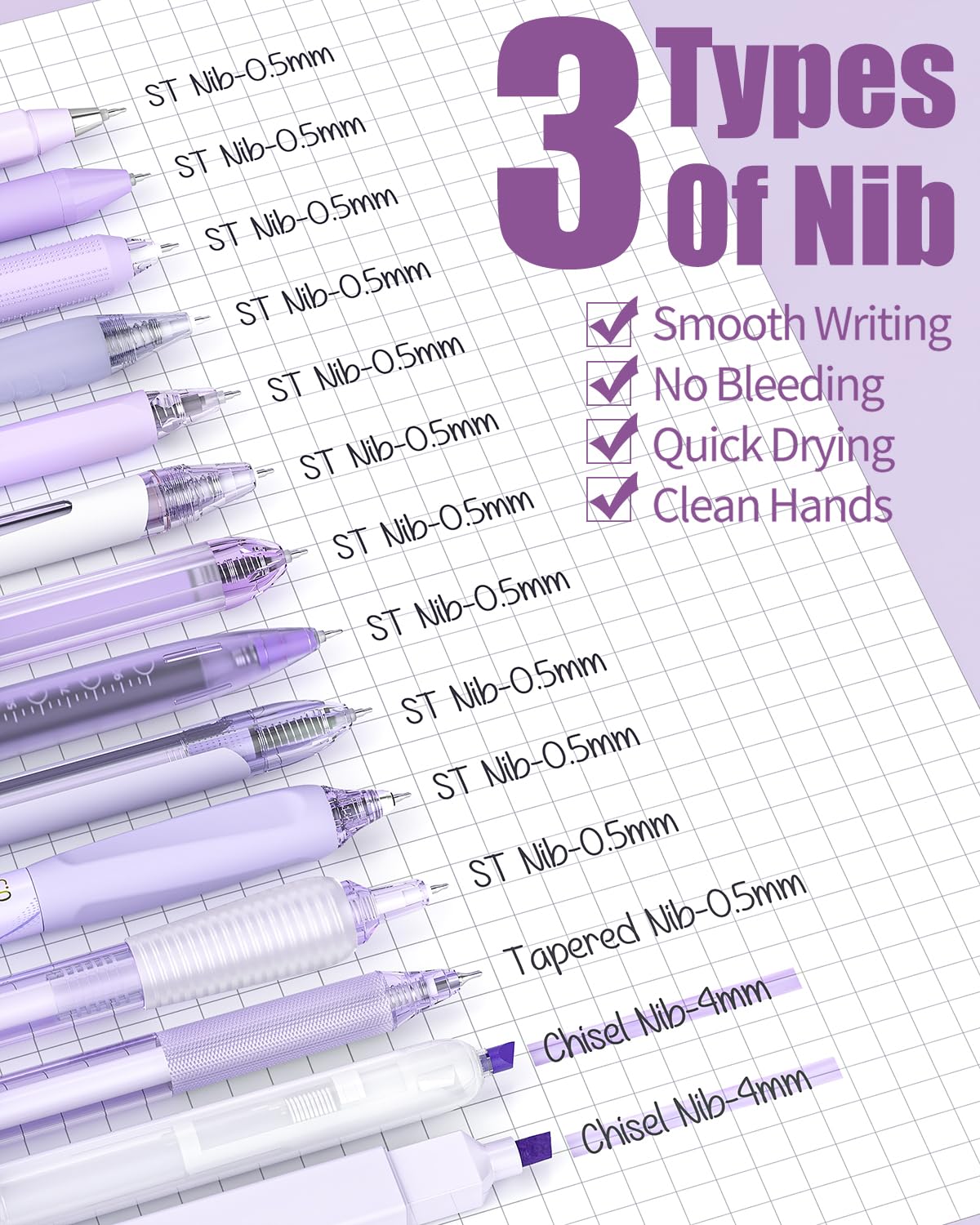 Four Candies 14Pack Gel Ink Pens Set,Retractable 0.5mm Fine Point Pen,Note Taking Aesthetic,11 Pcs Black Ink Pens and 1 Purple Ink Pen with 2Pcs Highlighter for School,Office(Purple) - Image 3