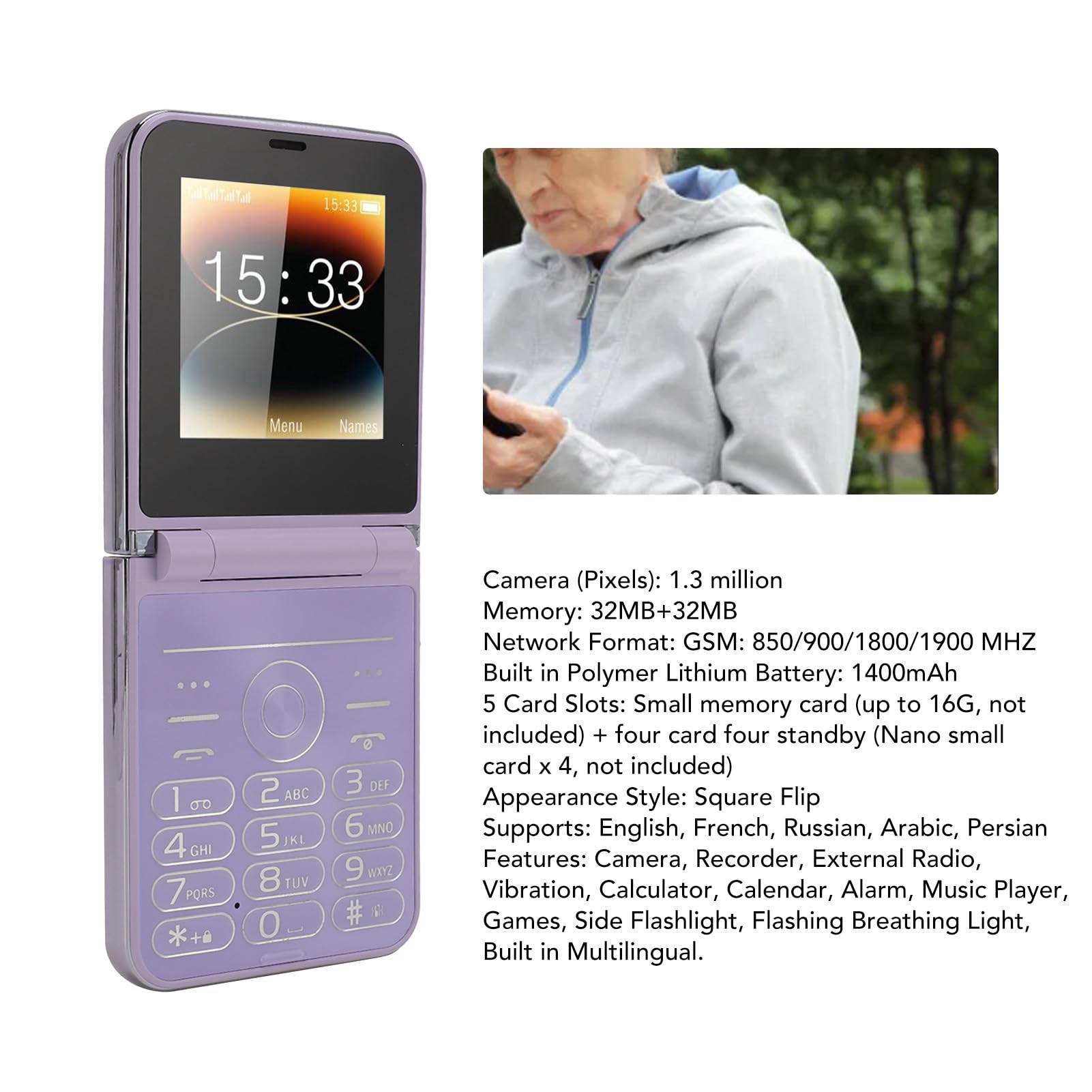 Annadue Teléfono Celular con Botones Grandes para Personas Mayores, Pantalla Dual, Dígitos Grandes, Marcación Rápida, Altavoz, Cámara HD, Linterna LED, Batería de 1400 MAh (Purple)