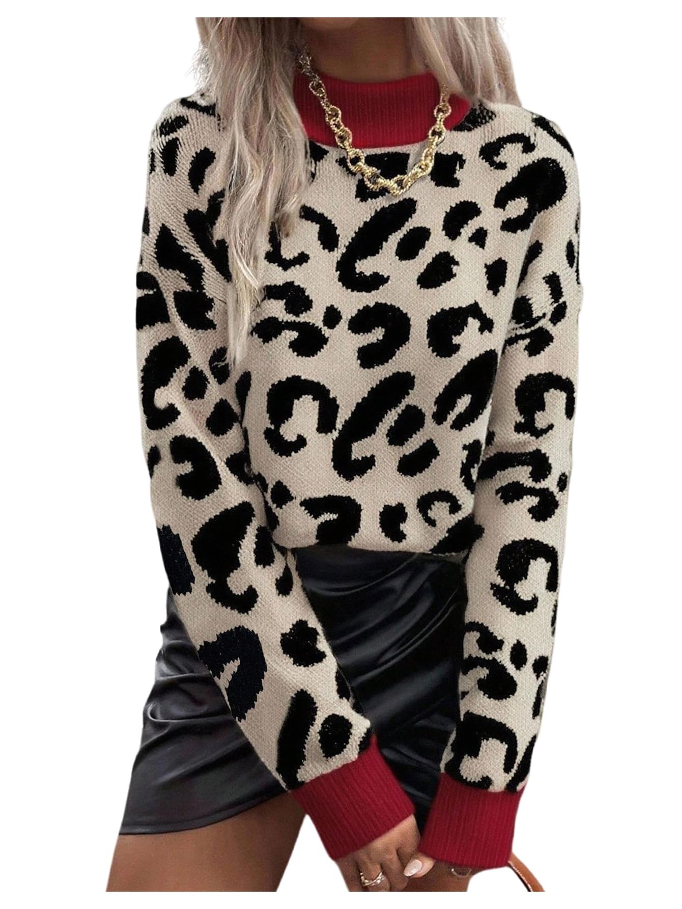 Womens Y2k Leopard Sweaters Cheetah Long Sleeve Mock Neck Pullover Knit Tops Knitwear