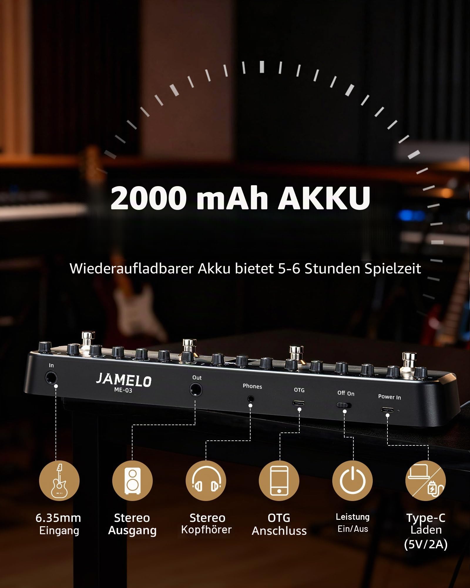 JAMELO Gitarren Multi-Effektpedal, 7 Effektmodule, 27 Effektkombinationen, Overdrive, Distortion, Reverb, Delay, Chorus, mit Bluetooth, IR-Import, Aufnahme, App-Steuerung,wiederaufladbar