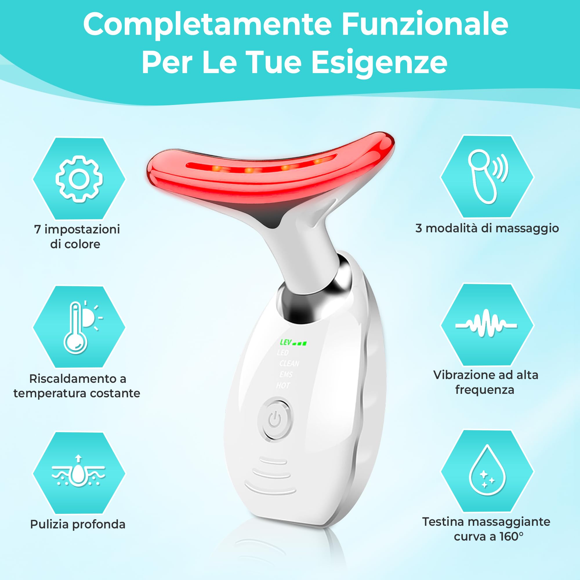 Massaggiatore Viso antirughe, Massaggiatore per la tonificazione e il rassodamento della pelle, terapia con luce rossa, EMS gua sha a 45°C, lifting viso e anti-età con 7 colori e 3 modalita led.