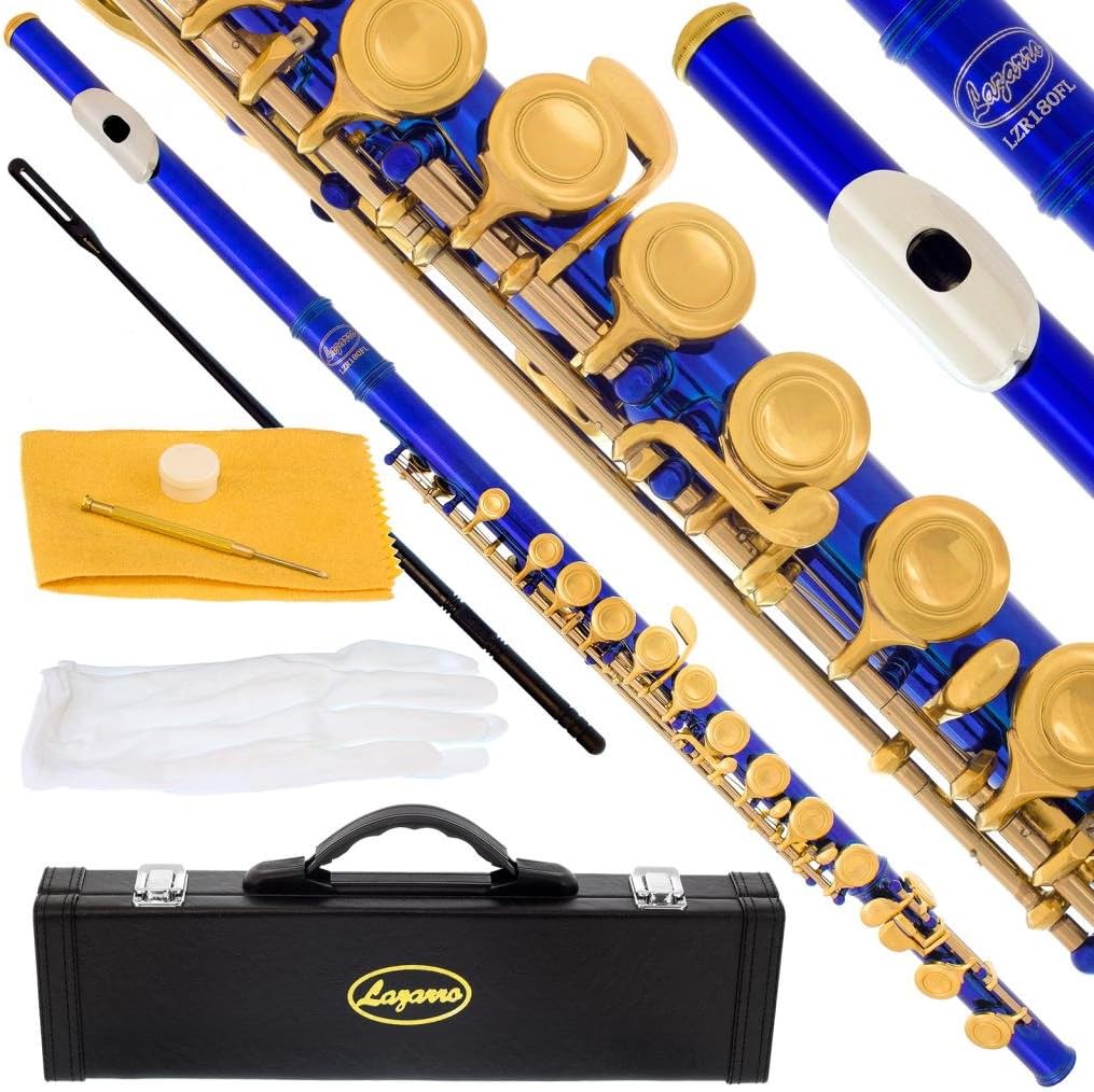 Professional Royal Blue-Gold Keys Closed Hole C Flute for Band, Orchestra, with Case, Care Kit and Warranty, 180-BU-N