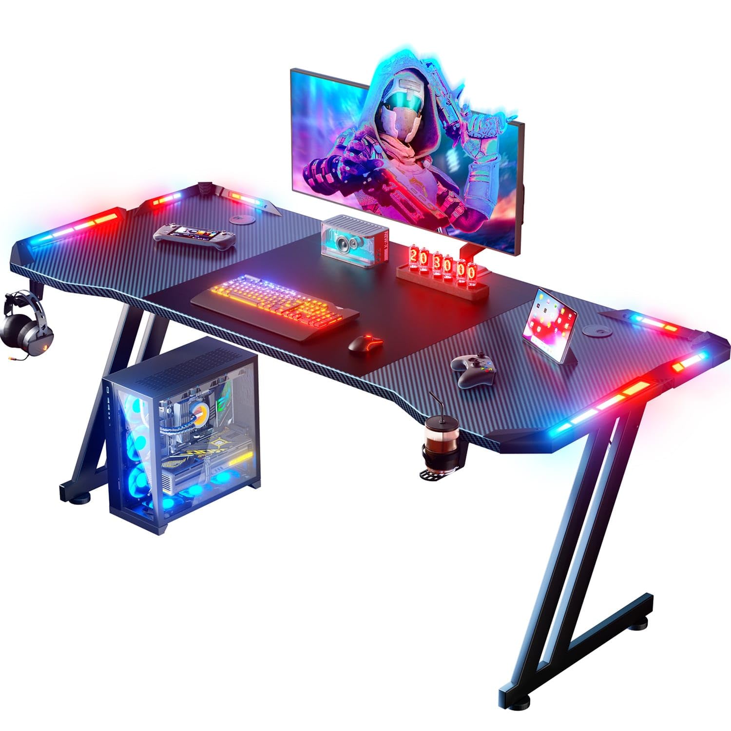 HLFURNIEU Bureau Gaming avec LED, 160 x 60 cm, Ergonomique, Noir