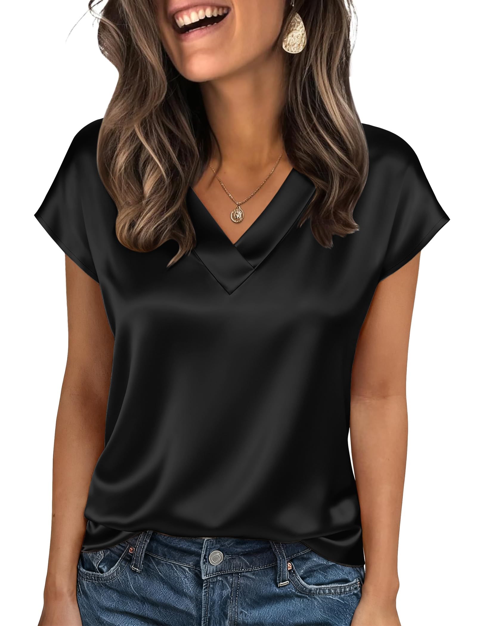 Zeagoo Chemisier Femme Satin Manches Courtes col V Été Soie Élégante Blouse Couleur Unie Silk Tshirt Business Shirts S-XXL - 1