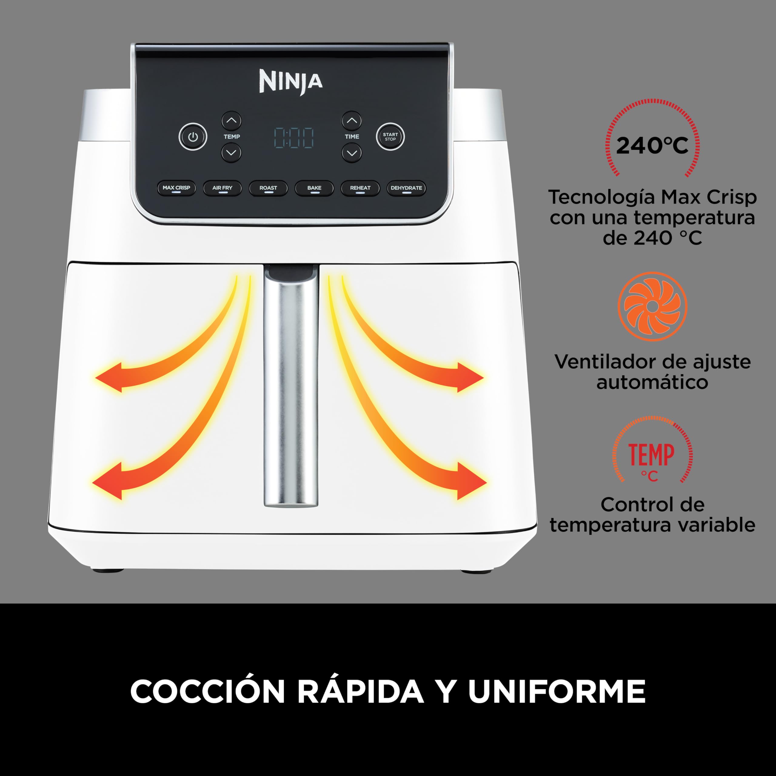 Ninja Air Fryer MAX PRO, 6.2L, sans huile, grand tiroir, rôtir AF180EUWH | cuire, frire, familial, numérique, panier et plaque de cuisson compatibles lave-vaisselle, Blanc