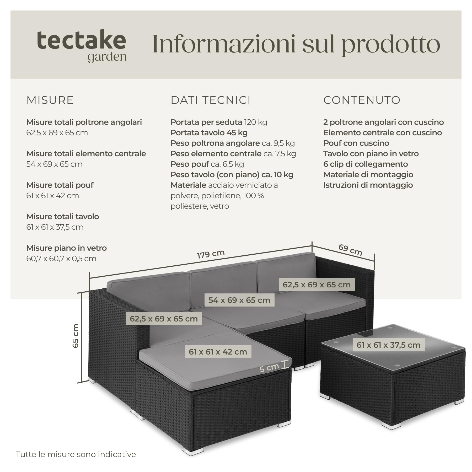 tectake Salottino in Rattan Set da Giardino con Poltrone e Tavolo Vetro di Sicurezza Imbottiture Idrorepellenti UV Nero per 3/4 Persone