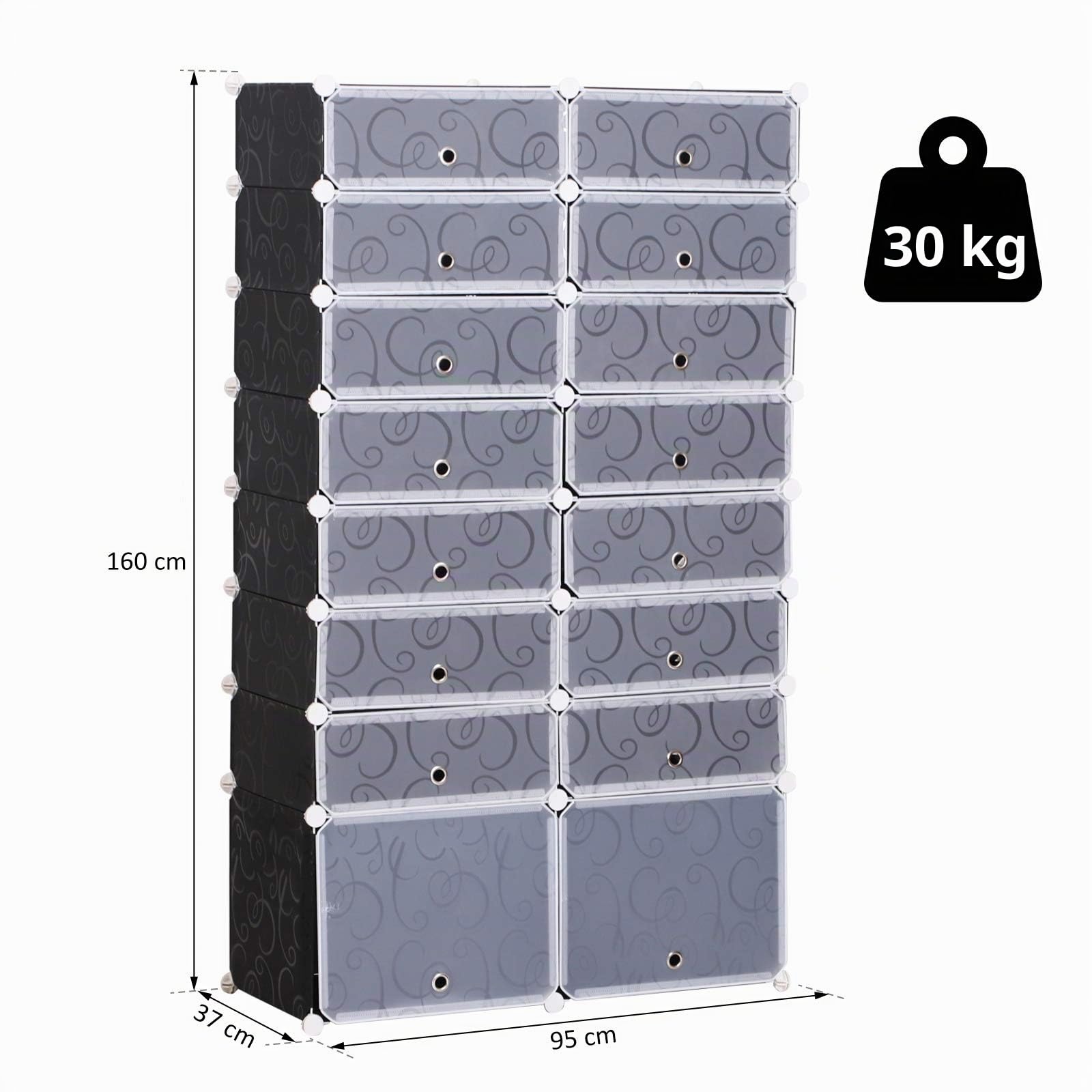 HOMCOM Schuhboxen 16er Set Schuhkarton stapelbar Schuhorganizer Schuhaufbewahrung Aufbewahrungsboxen Regalsystem mit Tür, Schwarz + Weiß