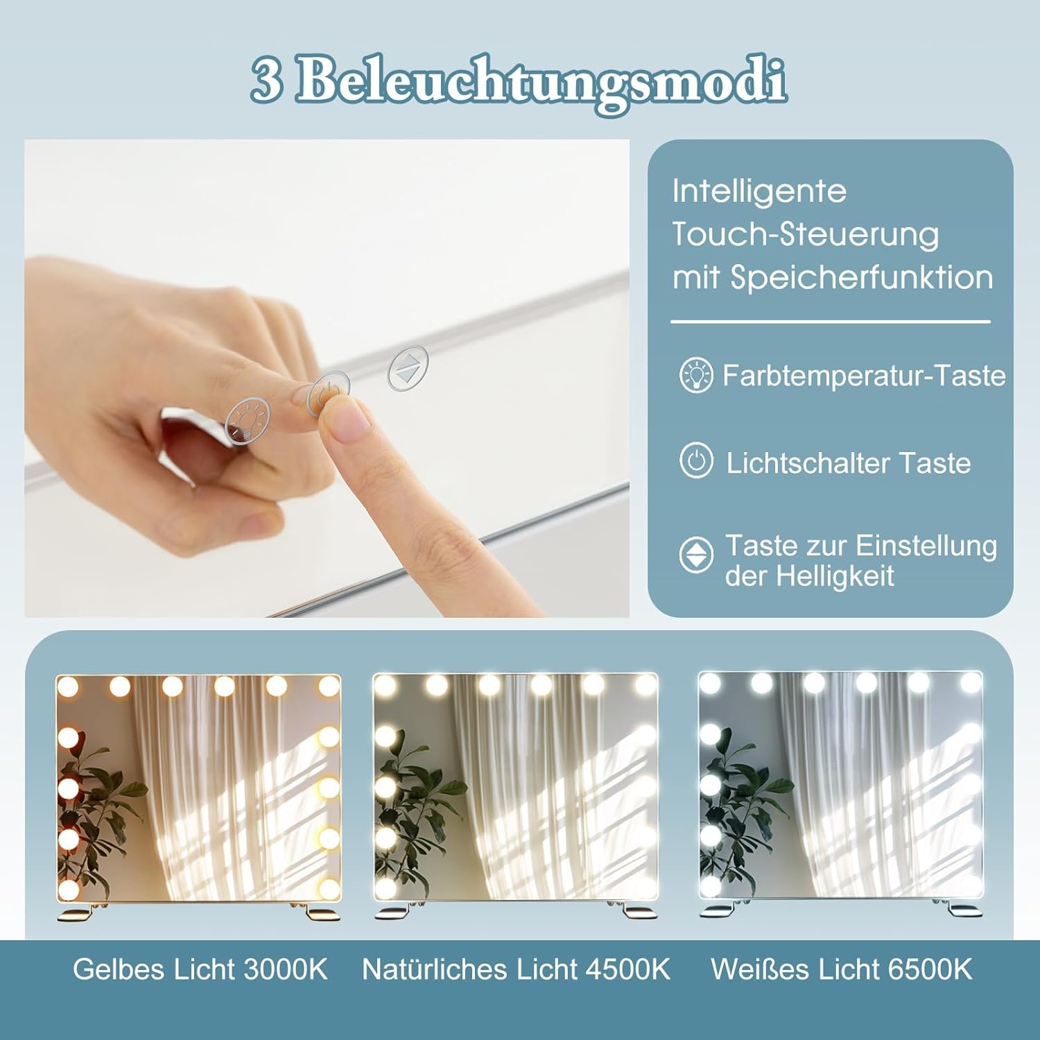 FANTASK 2-in-1 Hollywood-Spiegel mit 14 dimmbaren LED-Lichtern, Schminkspiegel, Kosmetikspiegel mit Smart-Touch-Steuerung, Tischspiegel mit Metallständer