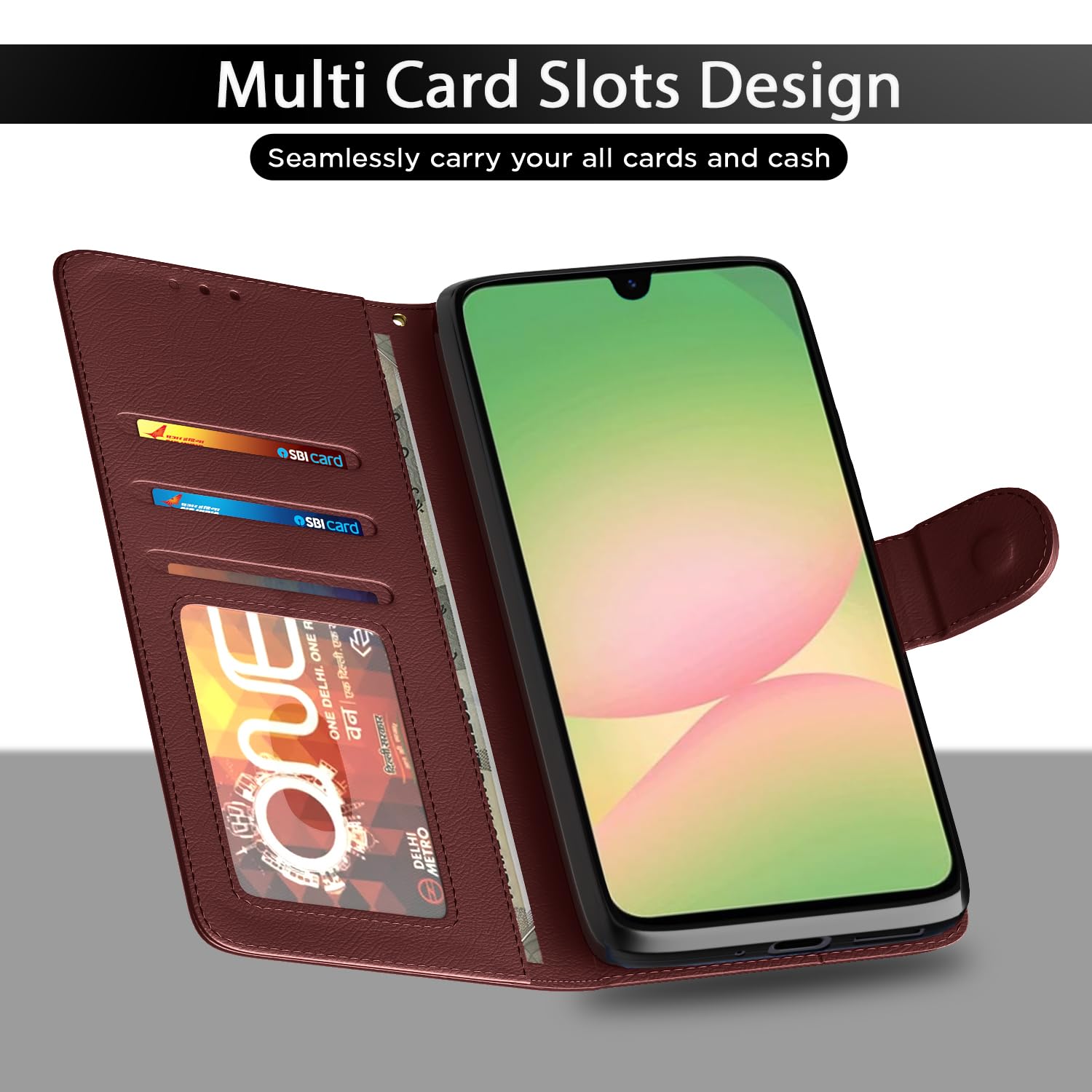 Pikkme Flip Cover for Samsung Galaxy M17 5G / A17 5G / F17 5G Leather Finish | Inside TPU with Card Pockets | Wallet Stand and Shock Proof | Complete Protection Flip Case(Brown) — Amazon image 5