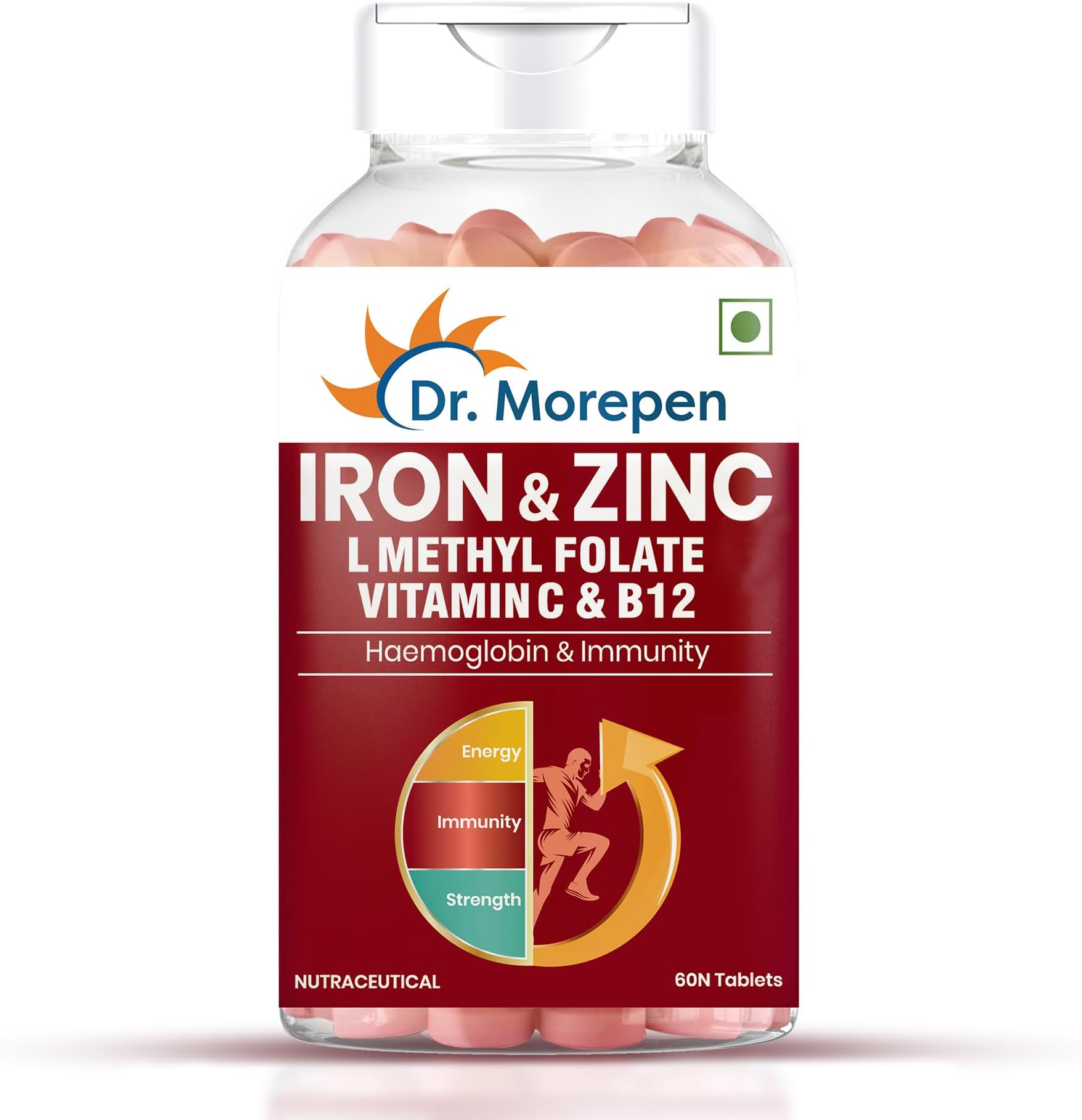 Dr.Morepen Iron & Zinc Tablets | Enriched with Iron, Zinc, Vitamin C & B12 | Natural & Safe for Men & Women | 60 Veg Tablets
