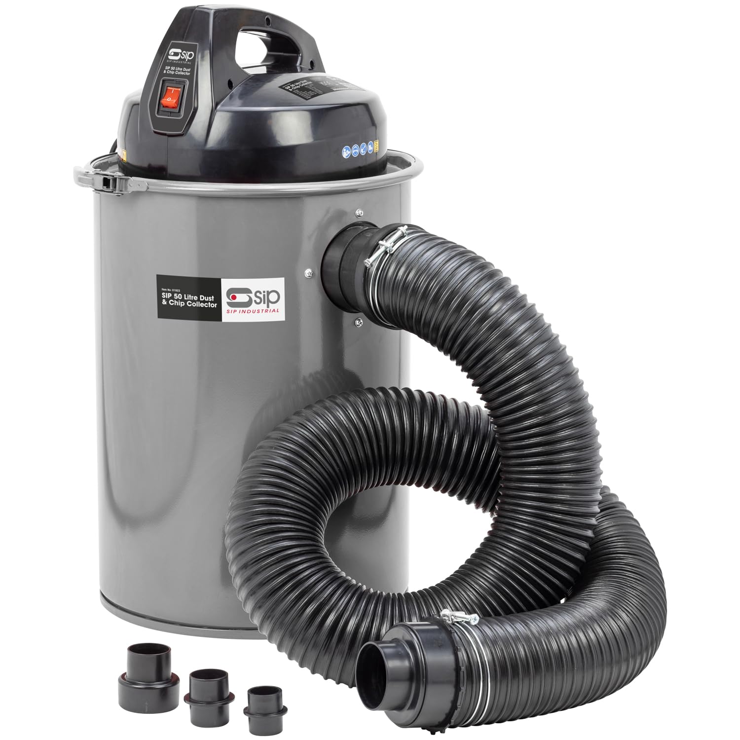 Sip Grey Dust & Chip Collector For Woodworking Workshop, Vacuum Cleaner, 230V 1100W, 183M³/Hr Air Flow, 0.5 Micron Filtration With 2M Hose, 5 Piece Adapter Set & Cartridge And Paper Bag Filtration 50L