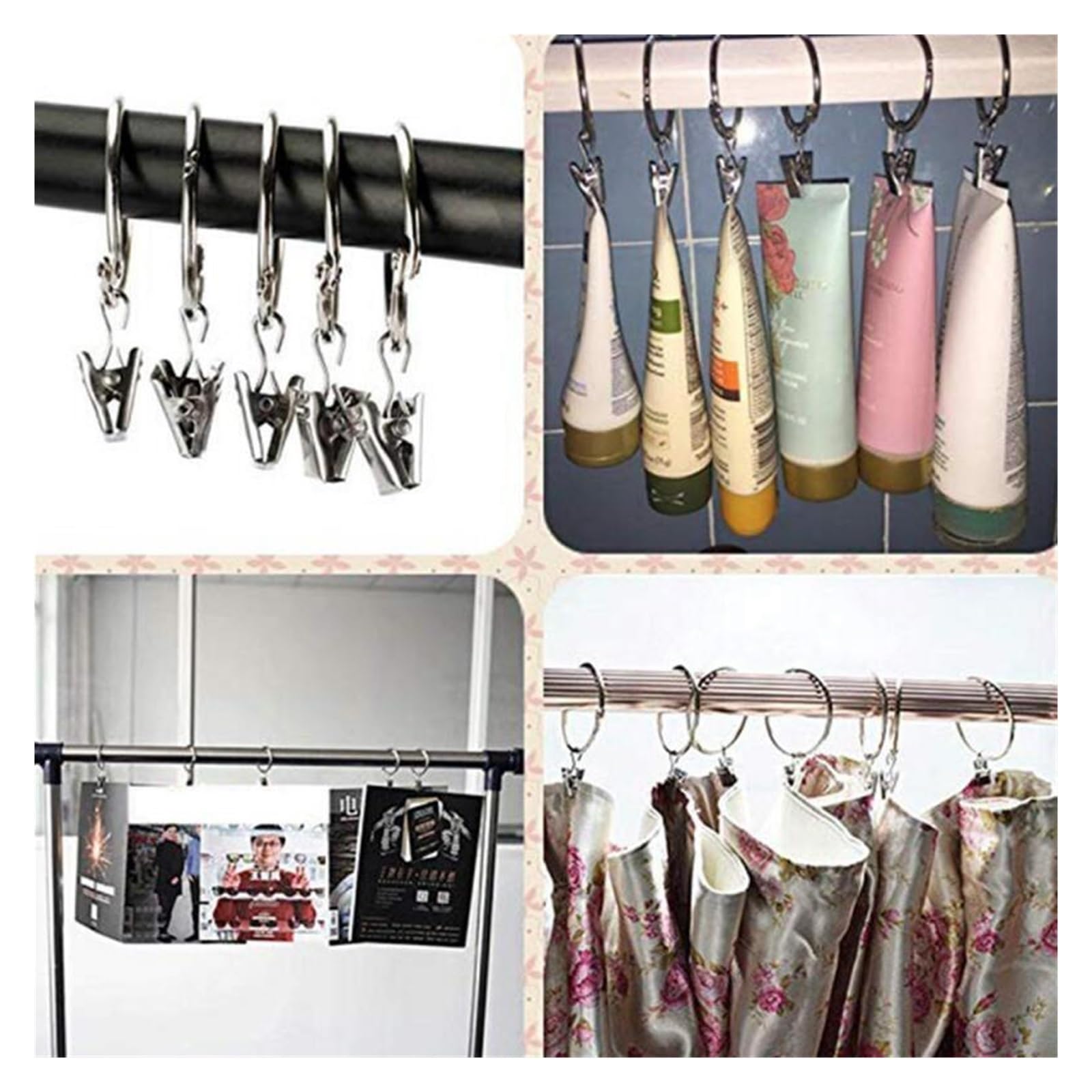 Gardinenringe Vorhangringe mit Clips, Metallvorhanghaken, Kleiderbügel, Clips mit Ringen, Vorhangzubehör(Silver,20Pcs)